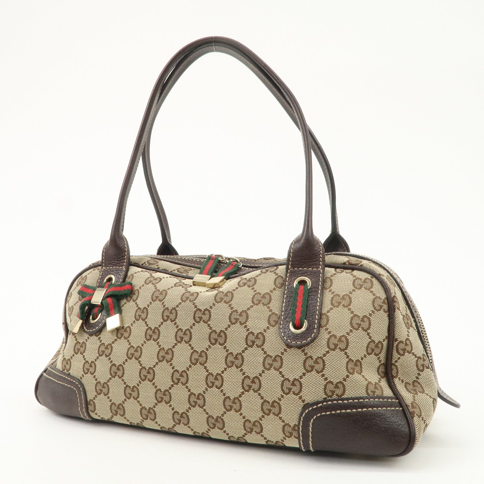 GUCCI Sherry Princy Leather Canvas Boston Bag Hand Bag Brown 161720 Used