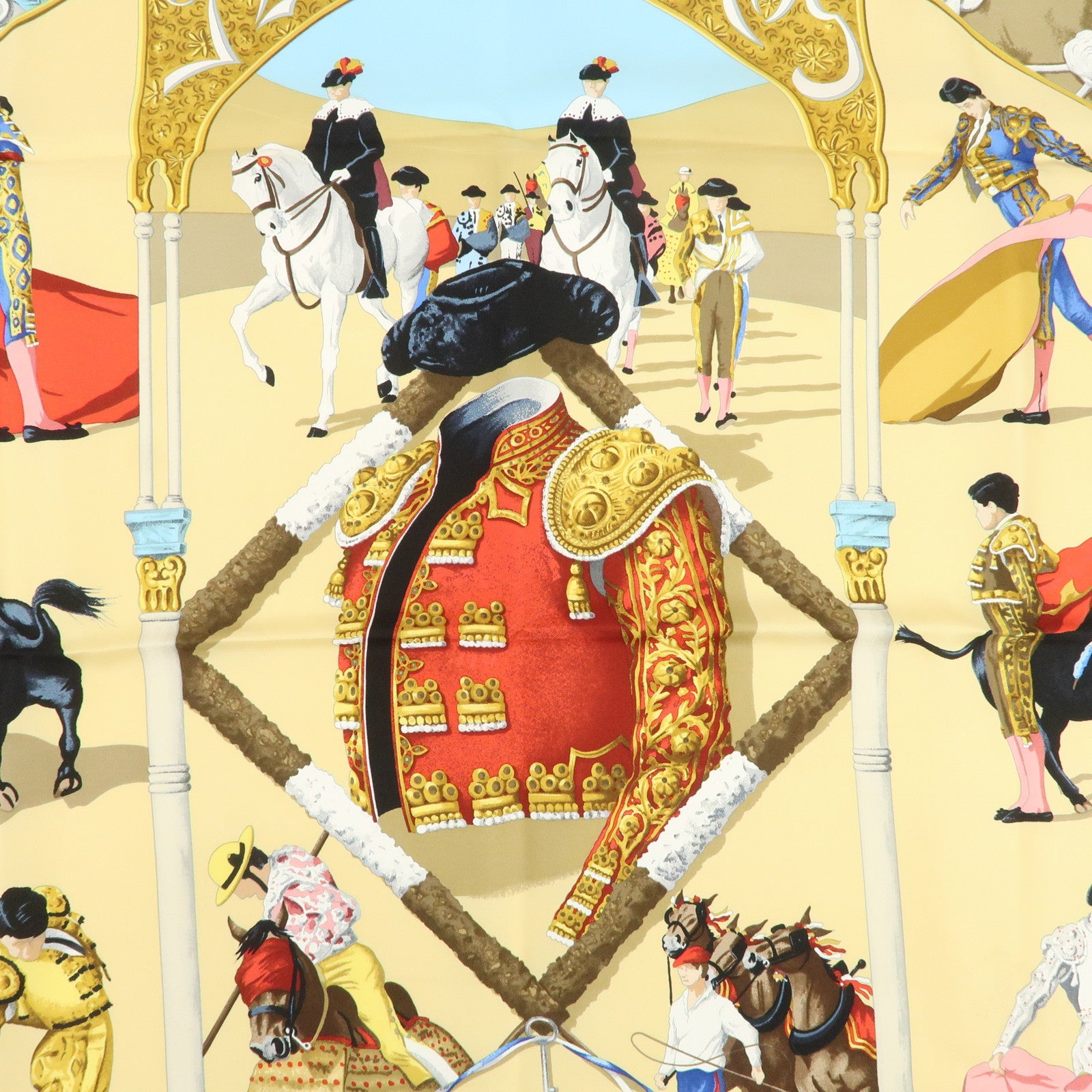 HERMES Carre 90 Silk 100% Scarf Plaza de Toros Bullring Gold Beige