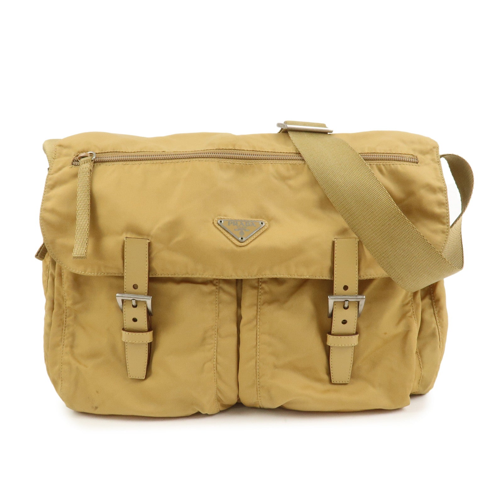 PRADA Triangle Logo Nylon Leather Shoulder Bag Crossbody Bag Beige