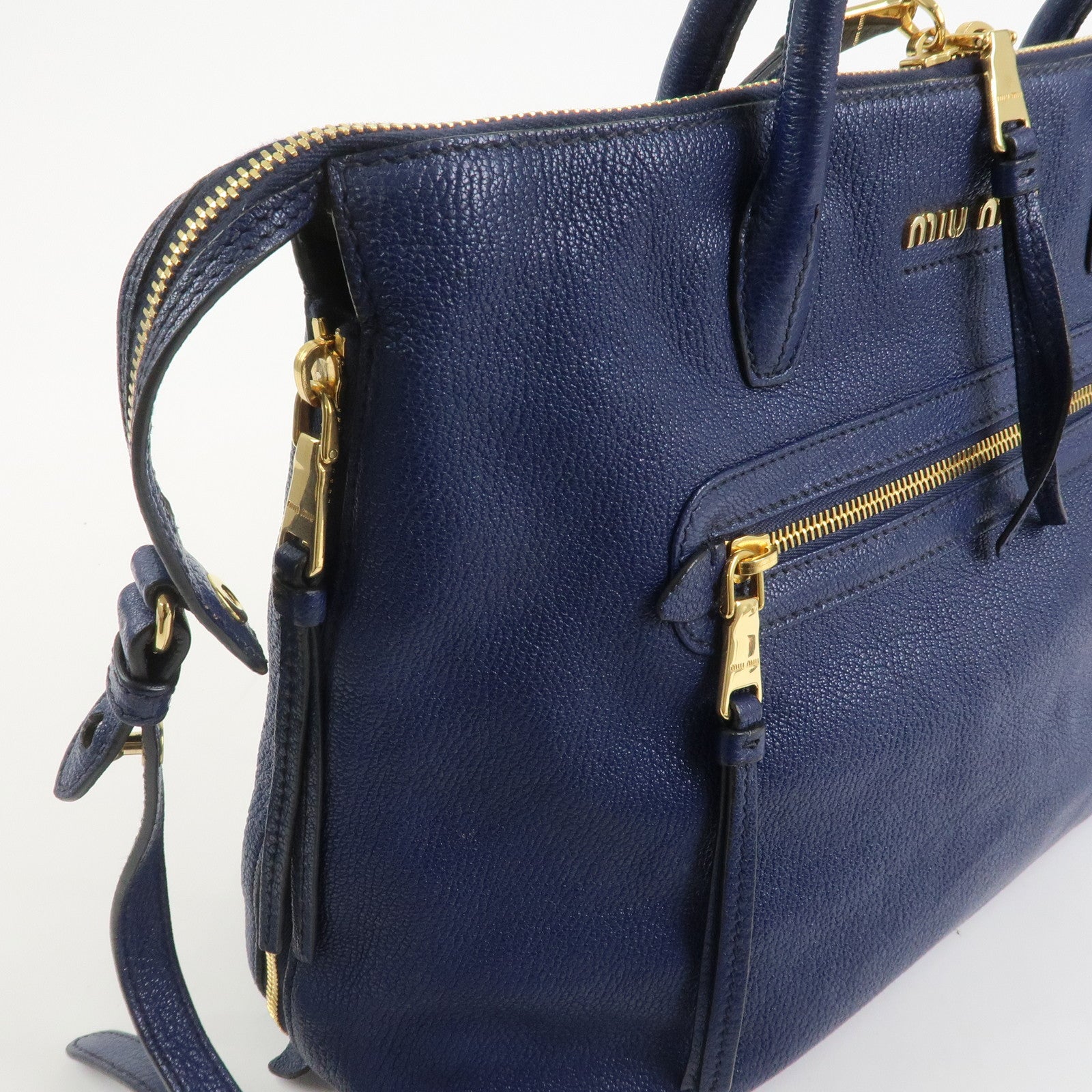 MIU MIU Madras Leather 2Way Hand Bag Shoulder Bag Blue 5BG136