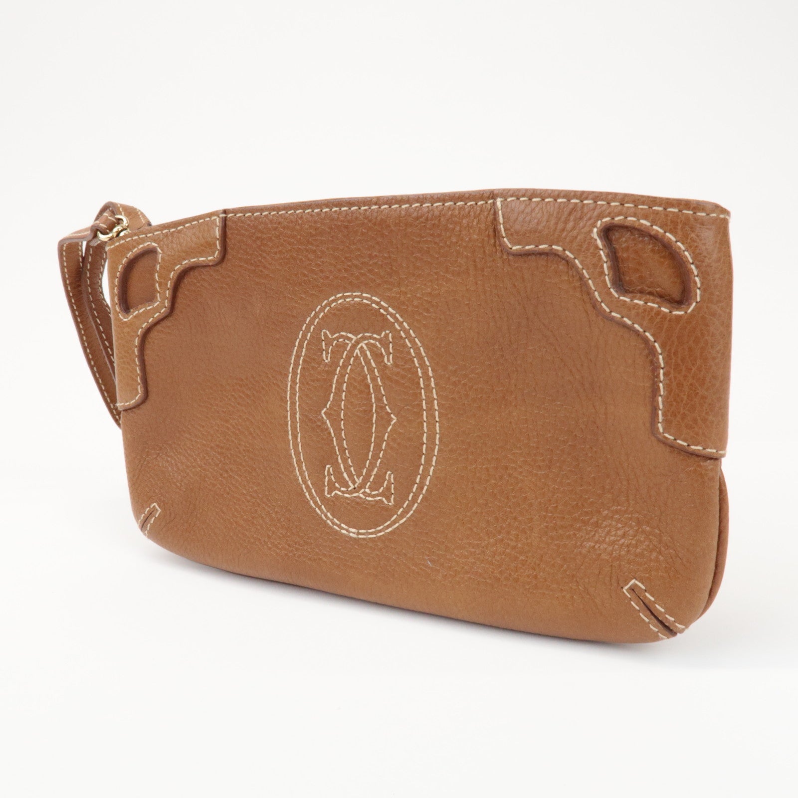 Cartier Marcello de Cartier 2C Logo Leather Pouch Wrist Bag Brown