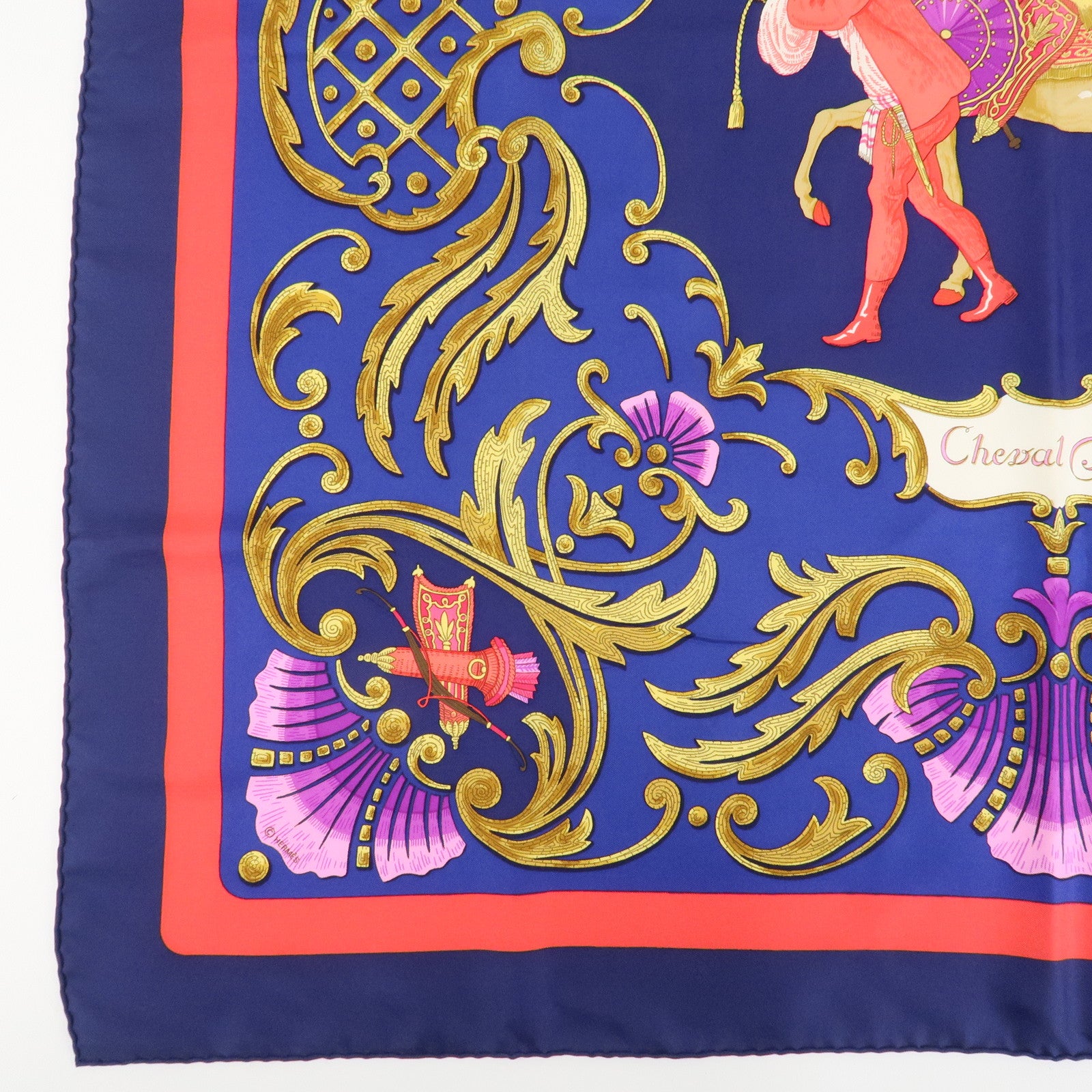 HERMES Carre 90 Silk 100% Scarf Cheval Turc Blue Gold Navy Used