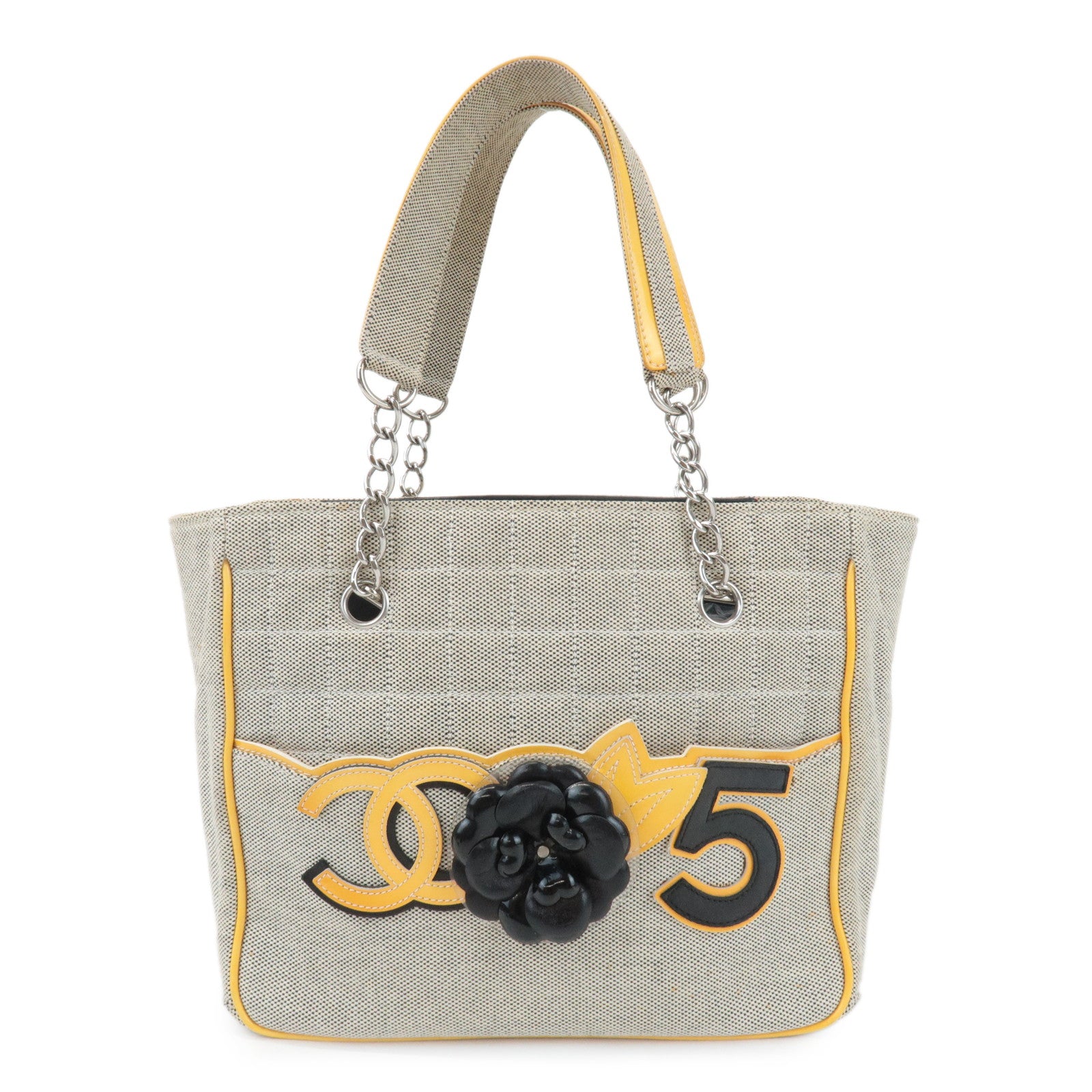 CHANEL COCO Mark No.5 Camellia Canvas Leather Patent Hand Bag A31573 Used