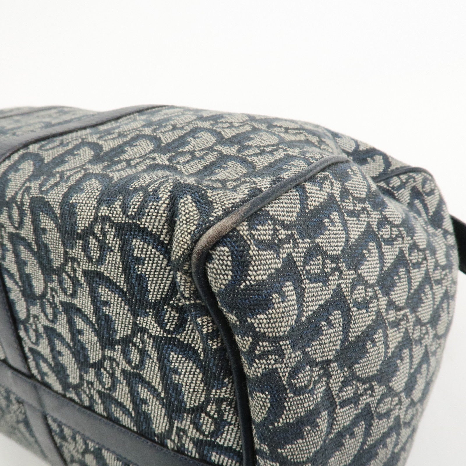 Christian Dior Trotter Jacquard Canvas Leather Boston Hand Bag Navy