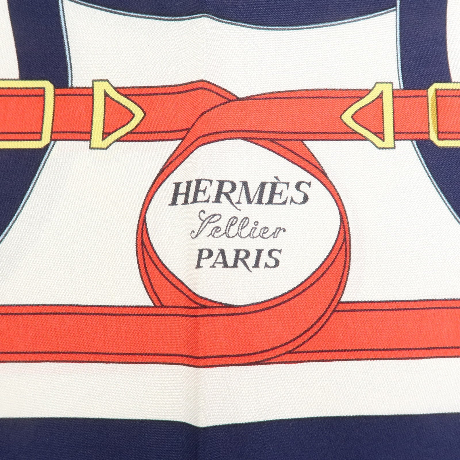 HERMES Carre 90 Silk 100% Scarf Eperon d'or Navy White