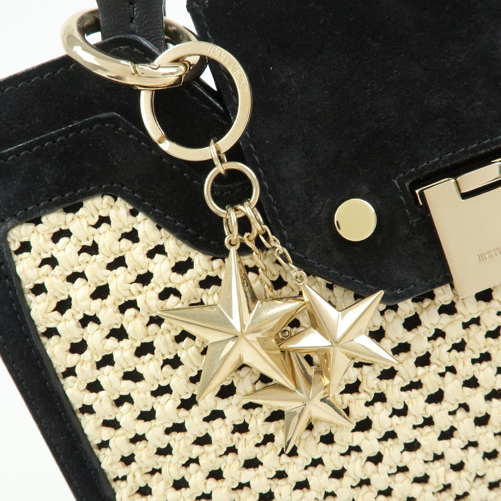 JIMMY CHOO Straw Suede Leather 2Way Bag Hand Bag Natural Black