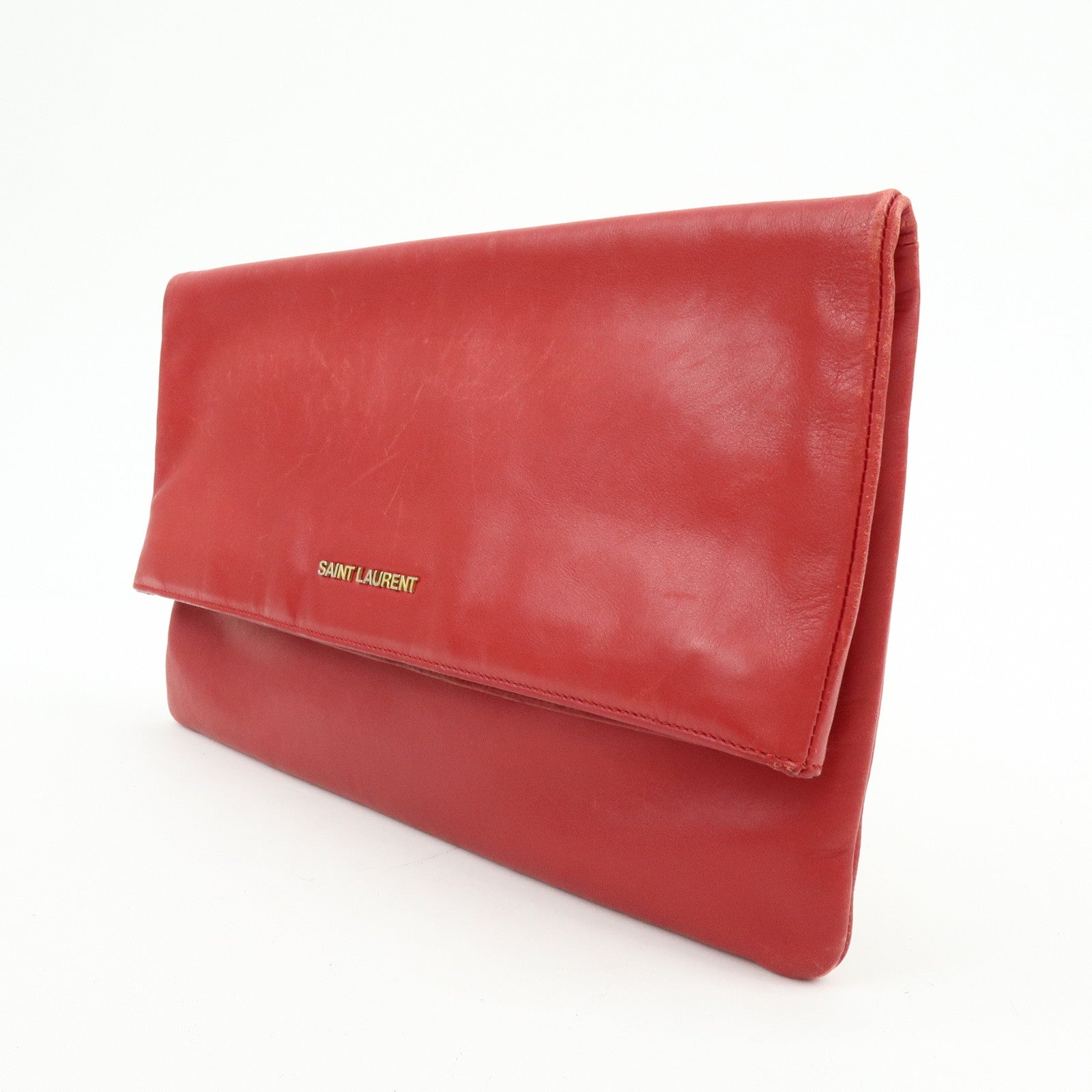 SAINT LAURENT PARIS Leather Clutch Bag Flat Pouch Red 328198
