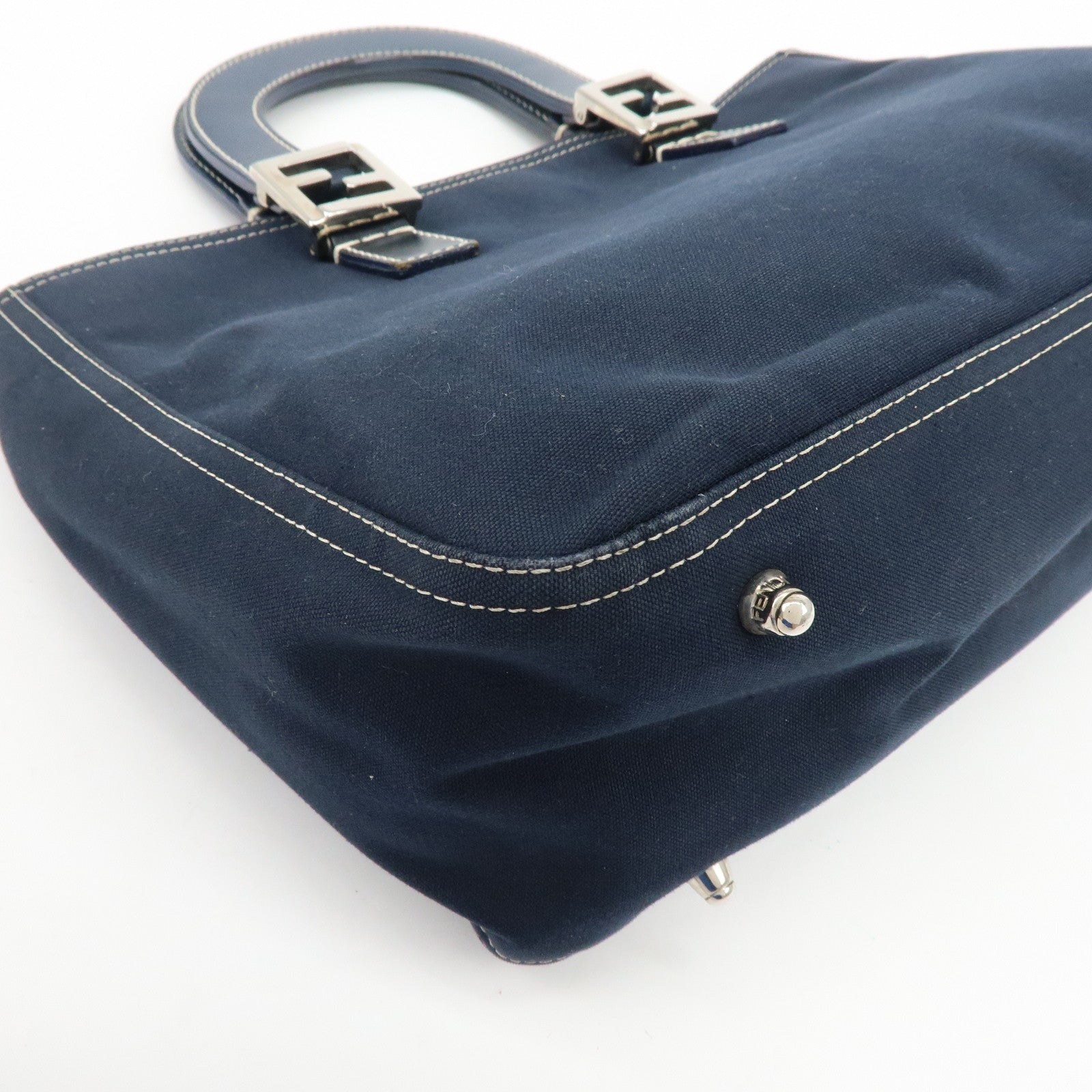 FENDI Canvas Leather Hand Bag Tote Bag Navy