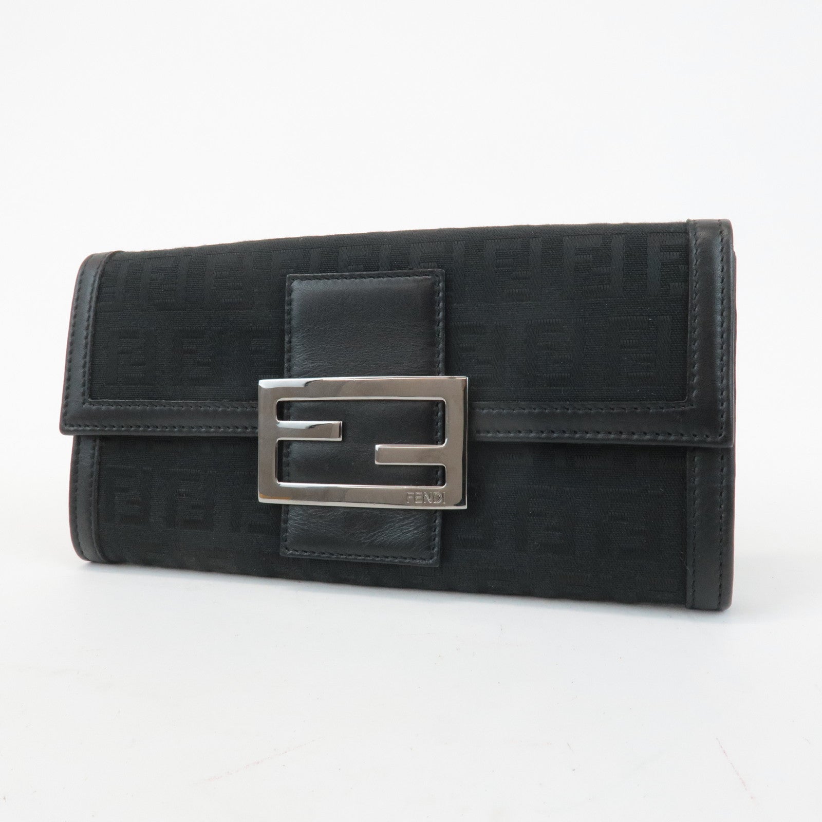 FENDI Zucchino Leather Canvas Bi-fold Long Wallet Black M0021 Used
