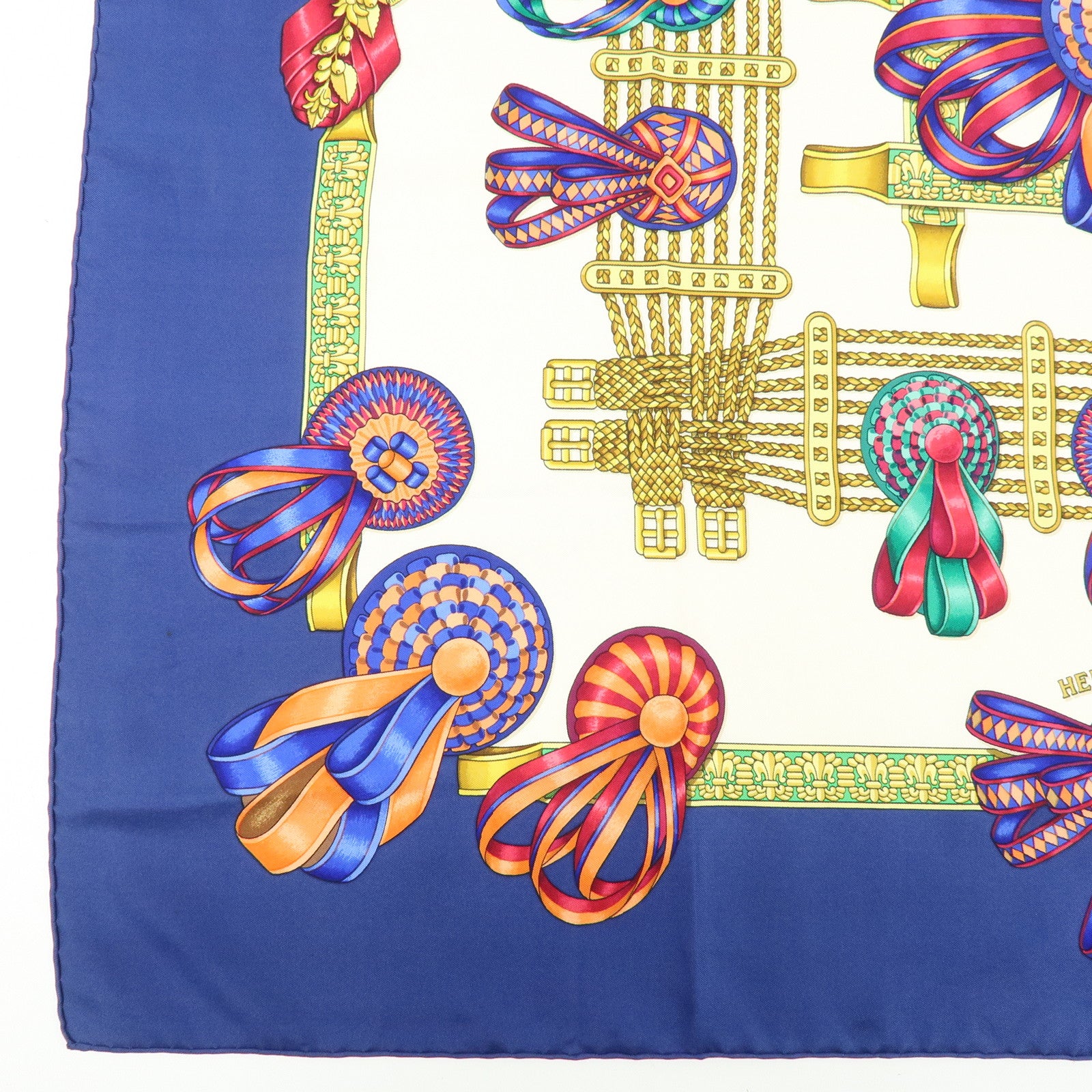 HERMES Carre 90 Silk 100% LES RUBANS DU CHEVAL Scarf Blue White