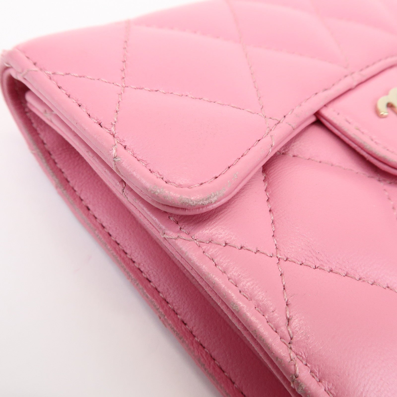 CHANEL Matelasse Lamb Skin Small Tri-Fold Wallet Pink AP0231