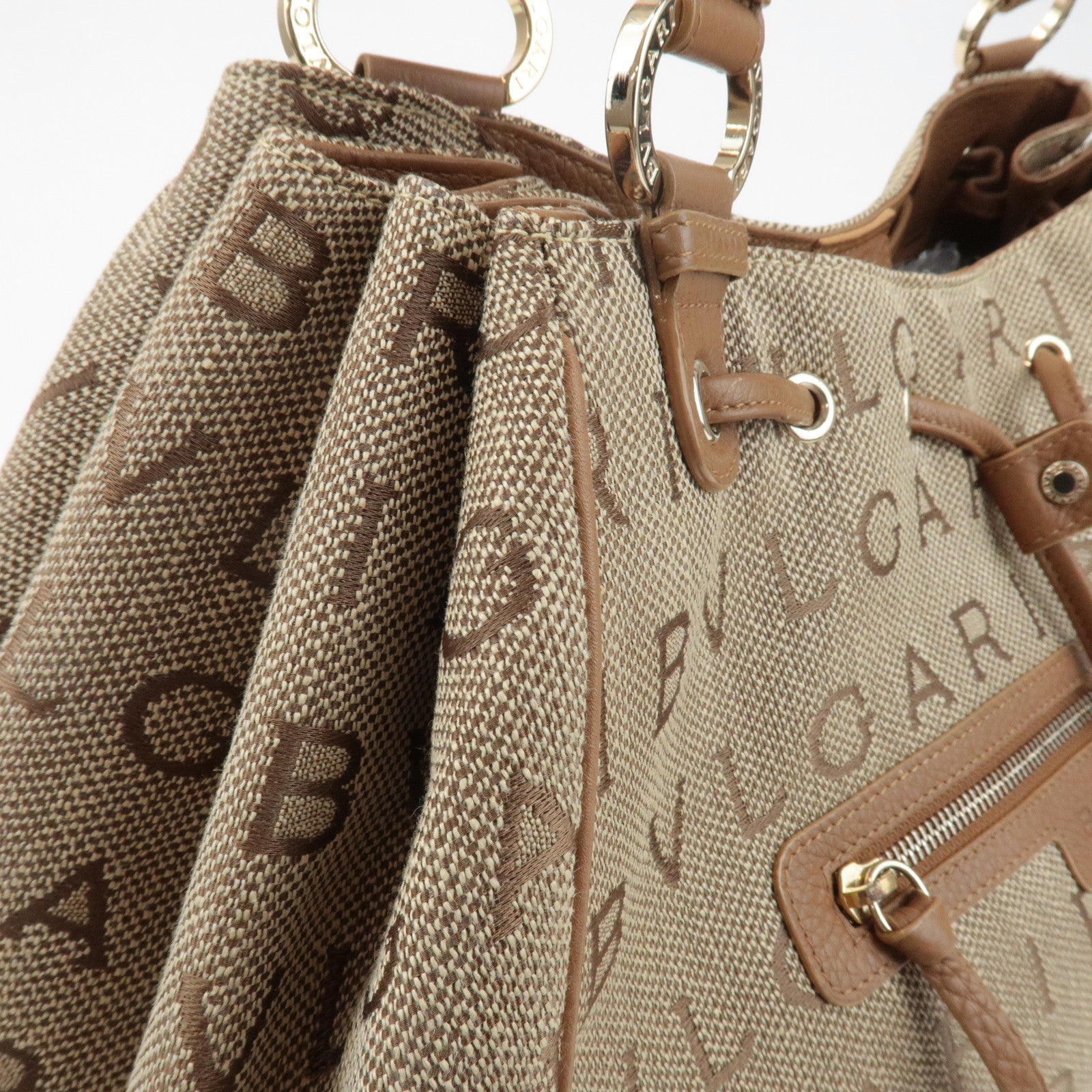 BVLGARI Logo Mania Leather Canvas Tote Bag Shoulder Bag Beige Brown Used