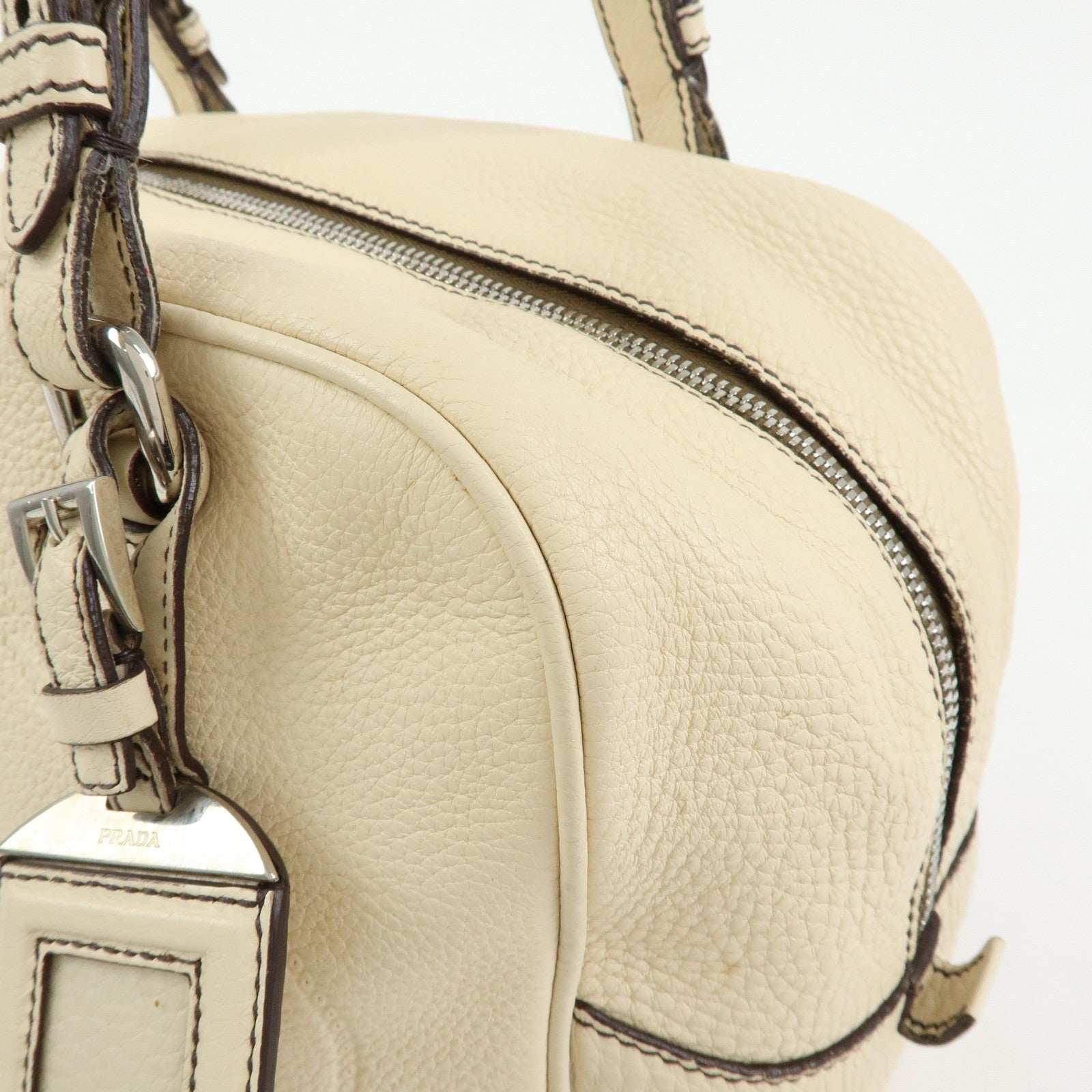 PRADA Vitello Daino Leather Boston Bag Shoulder Bag Ivory BR3091