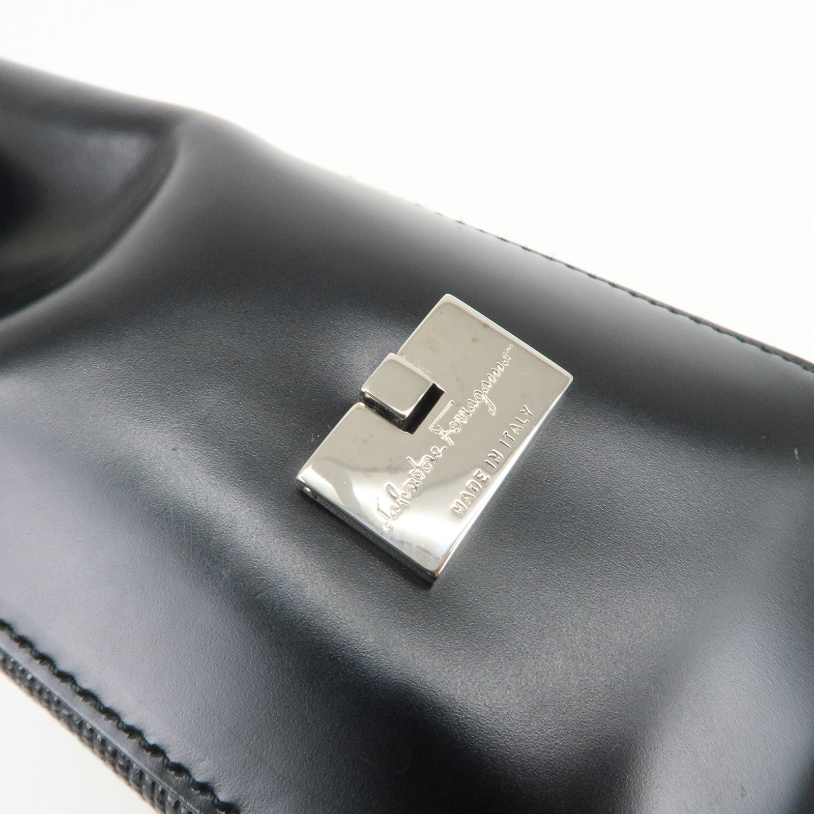 Ferragamo Gancini Embossed Leather Tote Bag Hand Bag Black