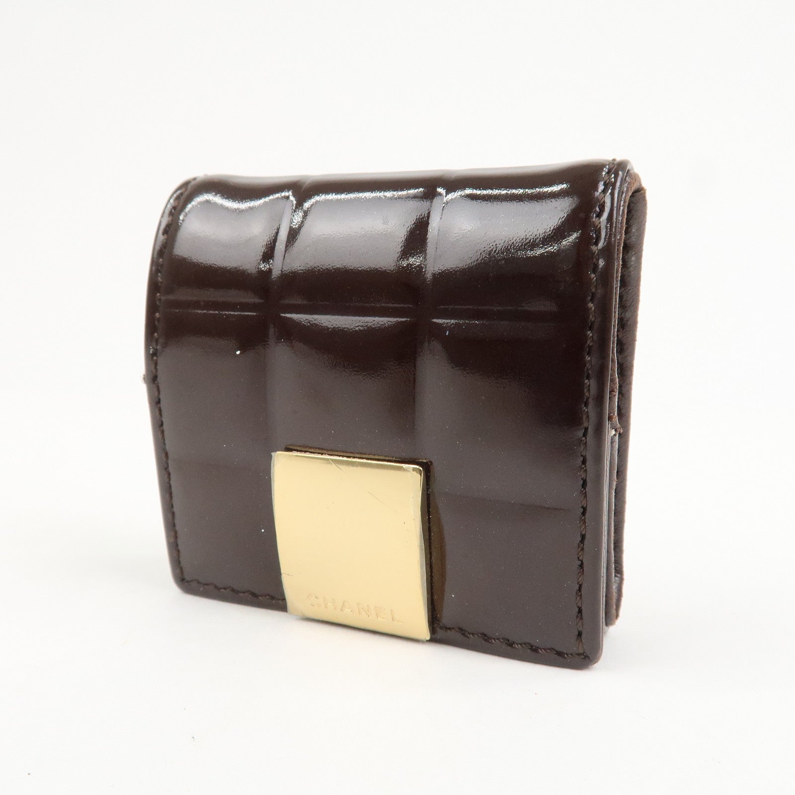 CHANEL Chocolate Bar Patent Leather Coin Case Coin Purse Brown