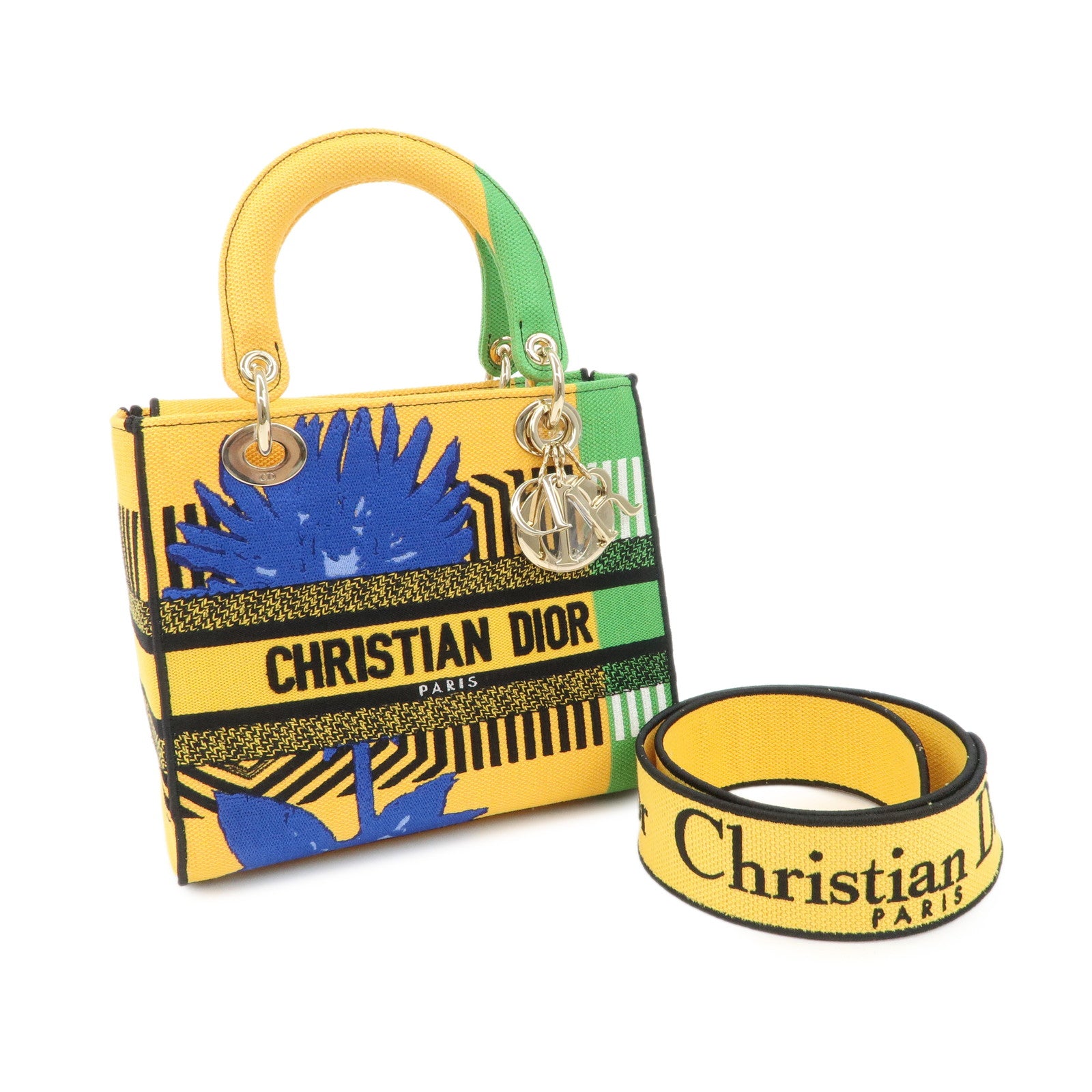 Christian Dior Canvas Lady D Lite 2Way Hand Bag Multicolor Yellow