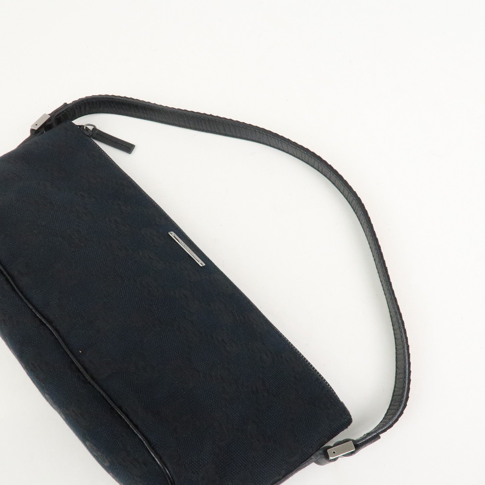 GUCCI Boat Bag Sherry GG Canvas Leather Hand Bag Black 141809