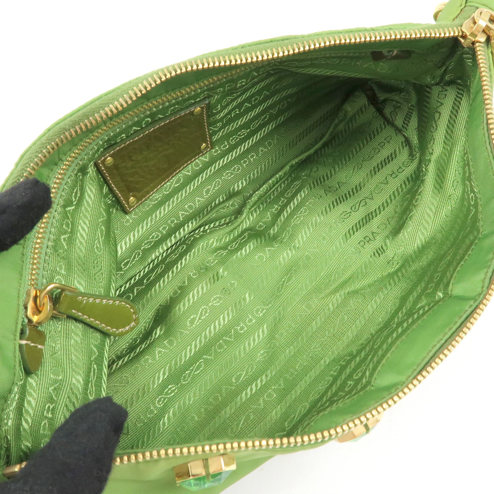PRADA Bijou Nylon Stone Chain Shoulder Bag Clutch Bag Green