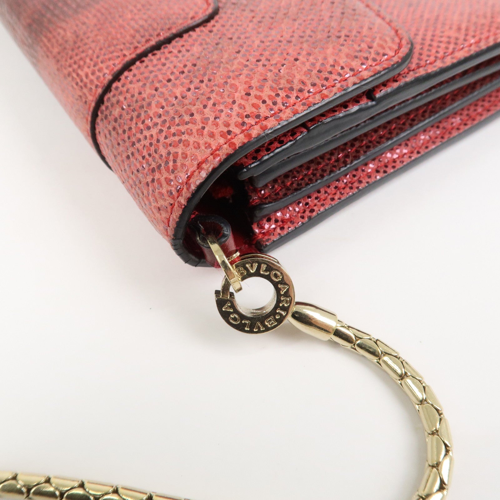 BVLGARI Serpenti Chain Strap Long Wallet Python Embossed Pink