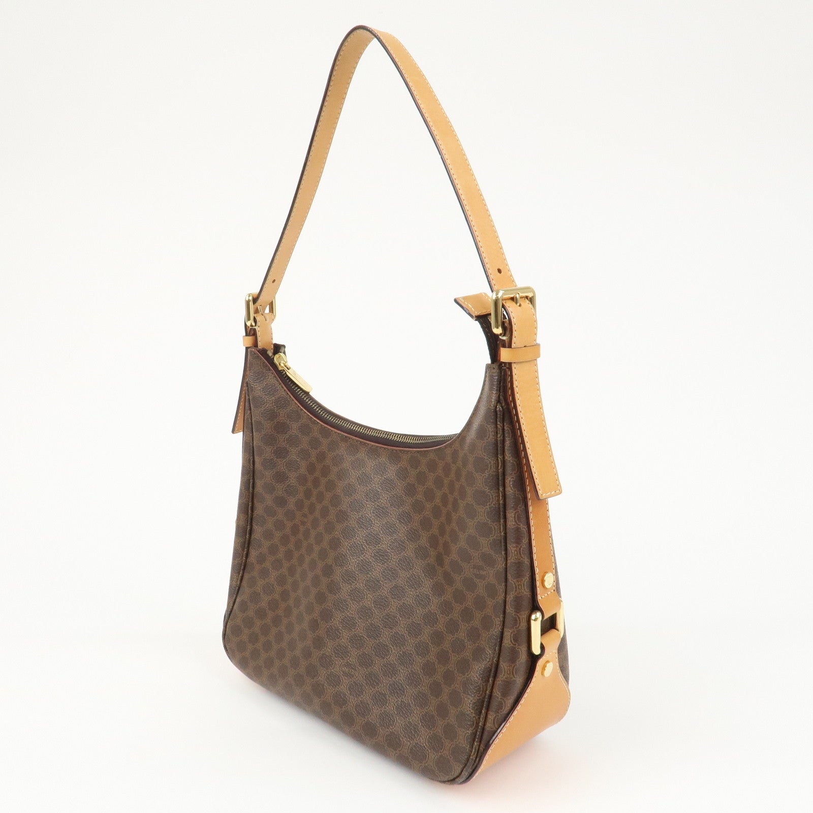 CELINE Macadam PVC Coating Canvas Leather Shoulder Bag Brown
