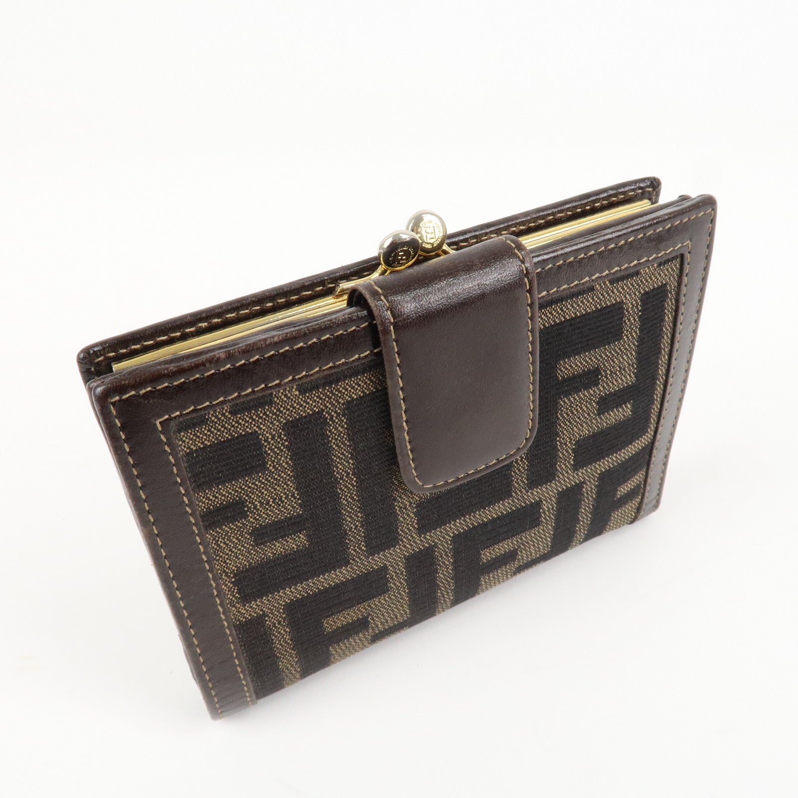 FENDI Zucca Canvas Leather Bi-Fold Wallet Brown Black Used