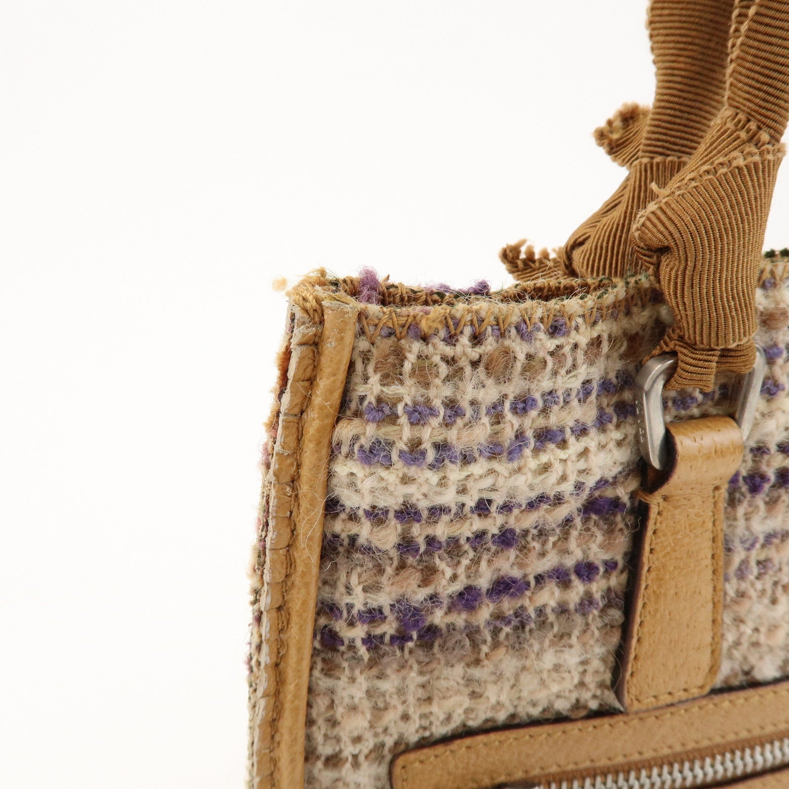 PRADA Triangle Logo Tweed Leather Hand Bag Light Brown Multicolor