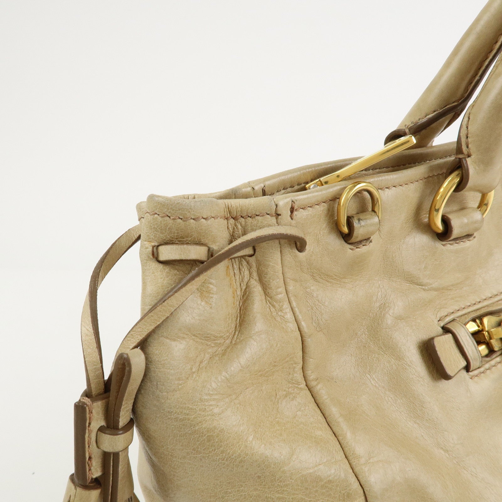 PRADA Triangle Logo VITELLOSHINE Leather 2Way Bag Beige BN1921