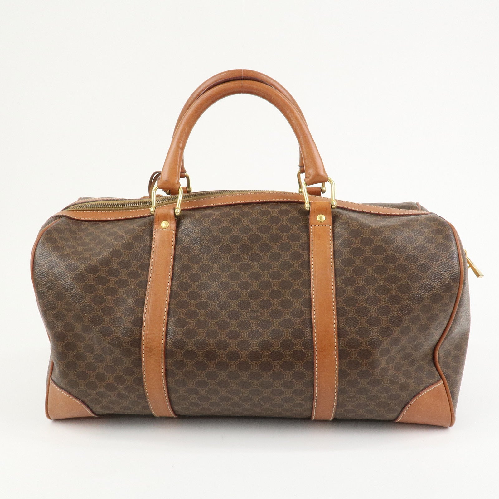 CELINE Macadam PVC Canvas Leather Boston Bag Hand Bag Brown