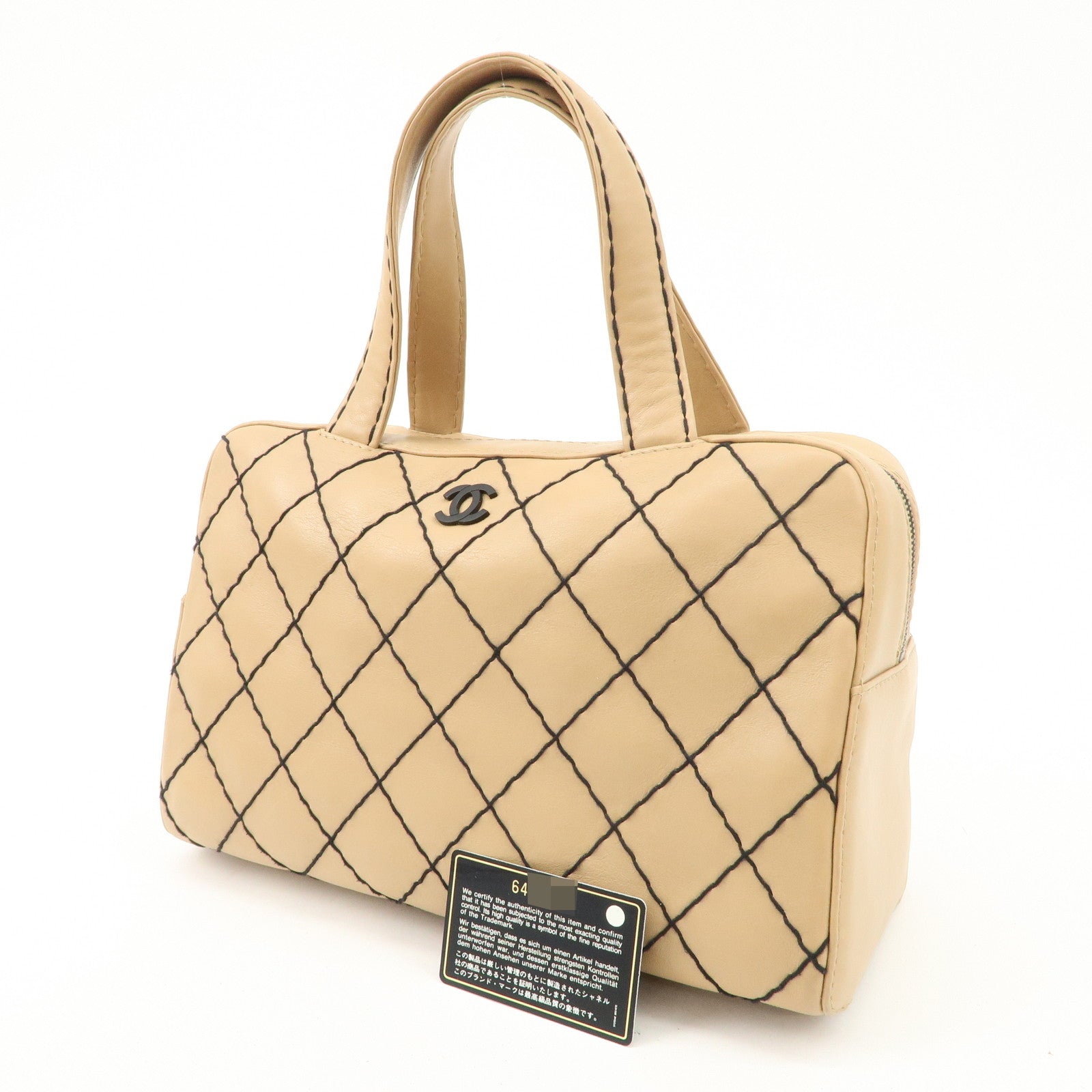 CHANEL Wild Stitch Calf Skin Coco Mark Hand Bag Beige A14692 Used