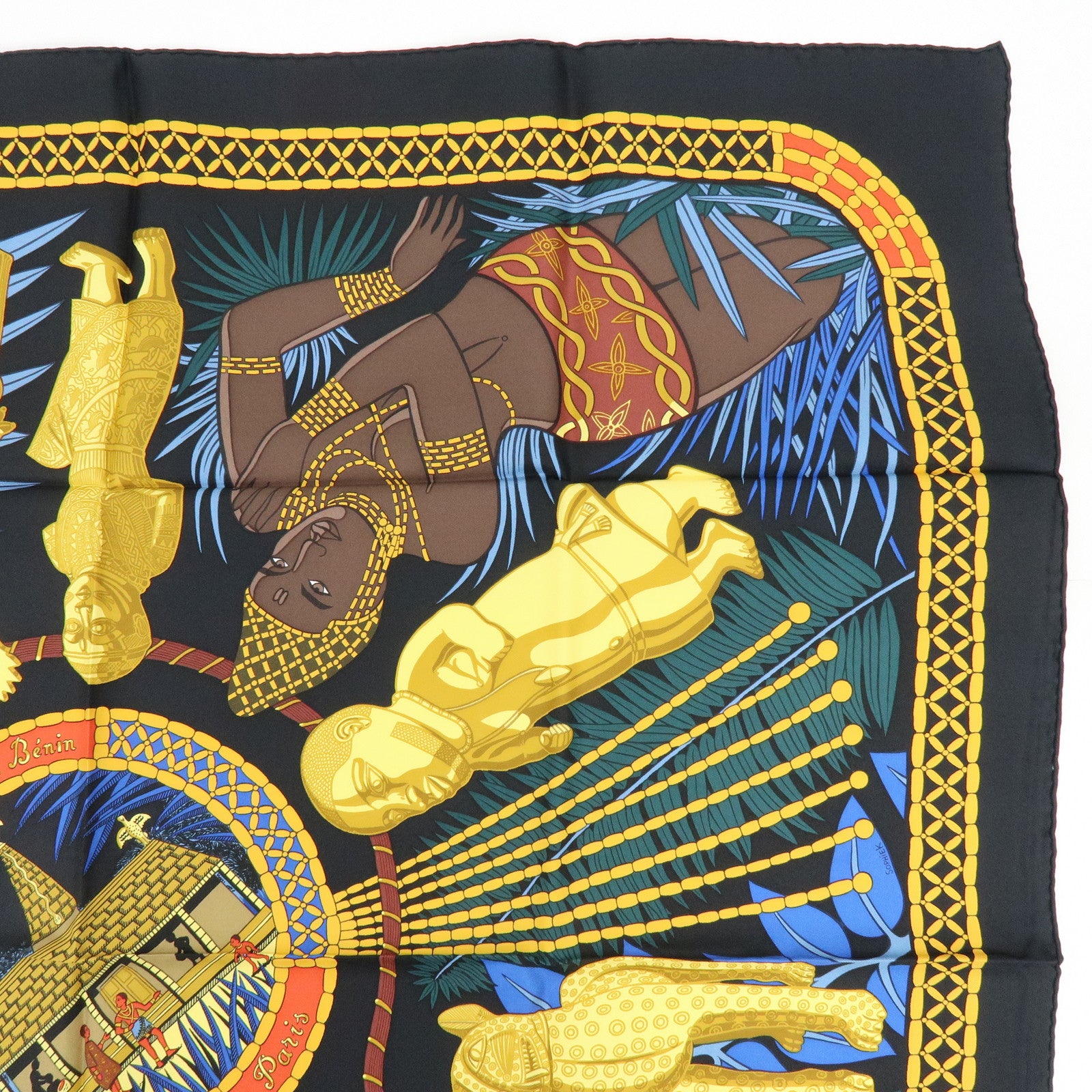 HERMES Carre 90 Silk 100% Scarf Tresor Royal Du Benin Black