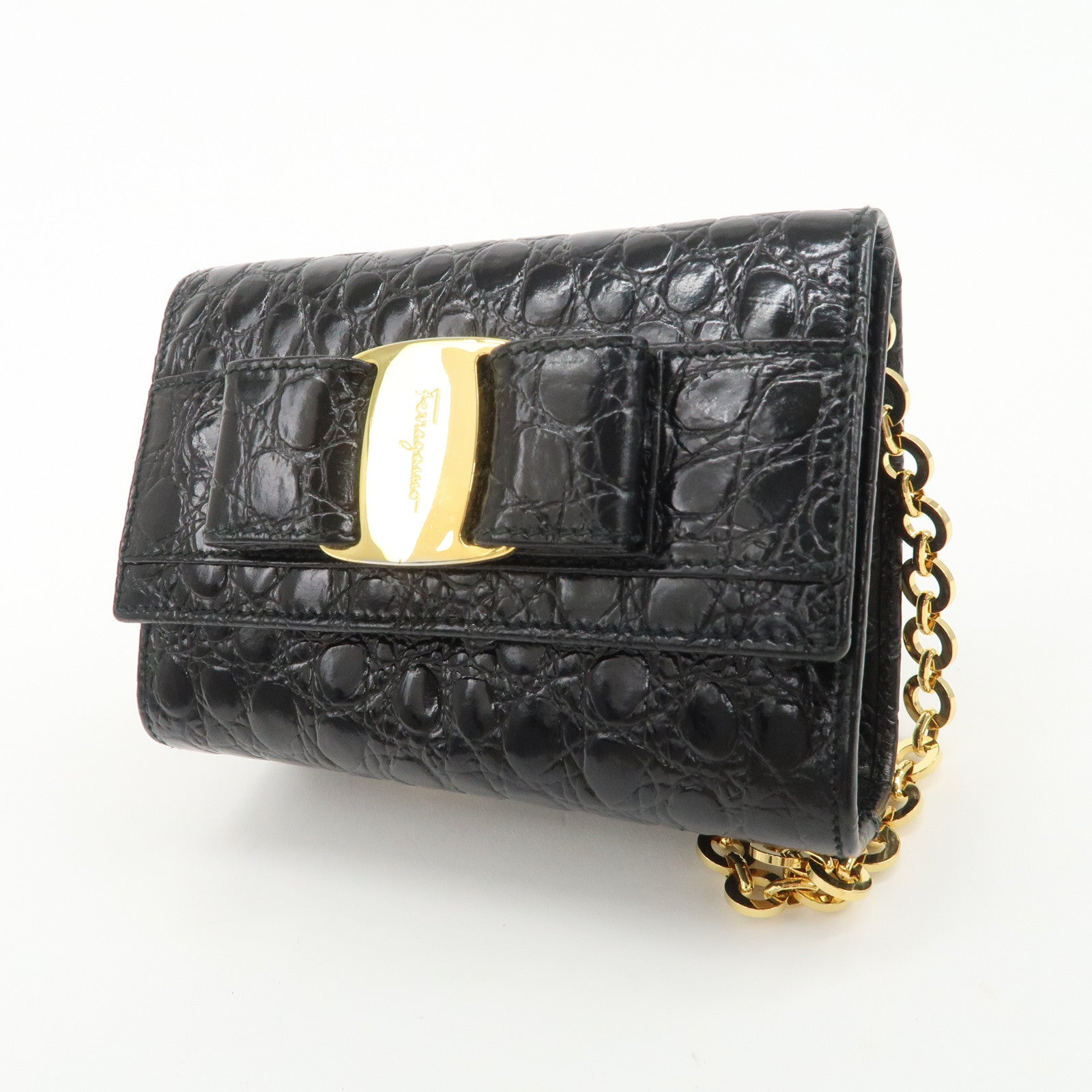 Ferragamo Vara Ribbon Leather Chain Shoulder Bag Black AQ213202