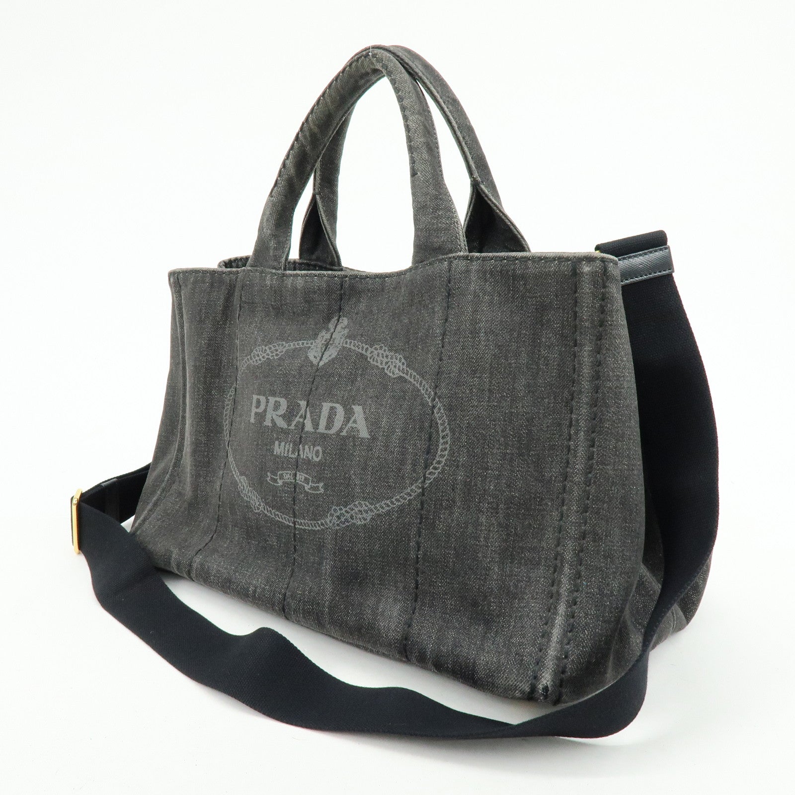 PRADA Canapa Denim Tote Bag Hand Bag Black 1BG642
