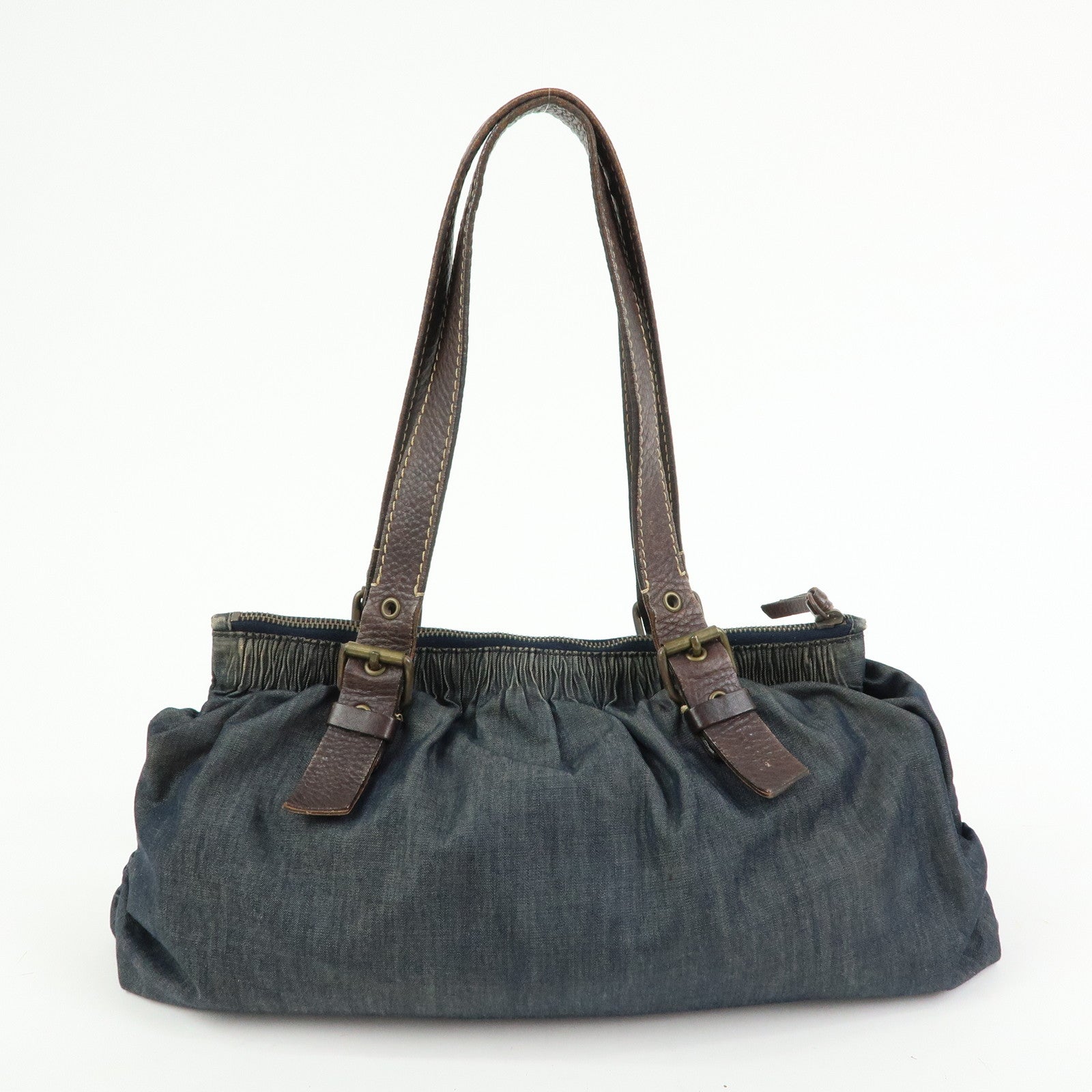 MIU MIU Denim Leather Shoulder Bag Hand Bag Indigo Blue Brown