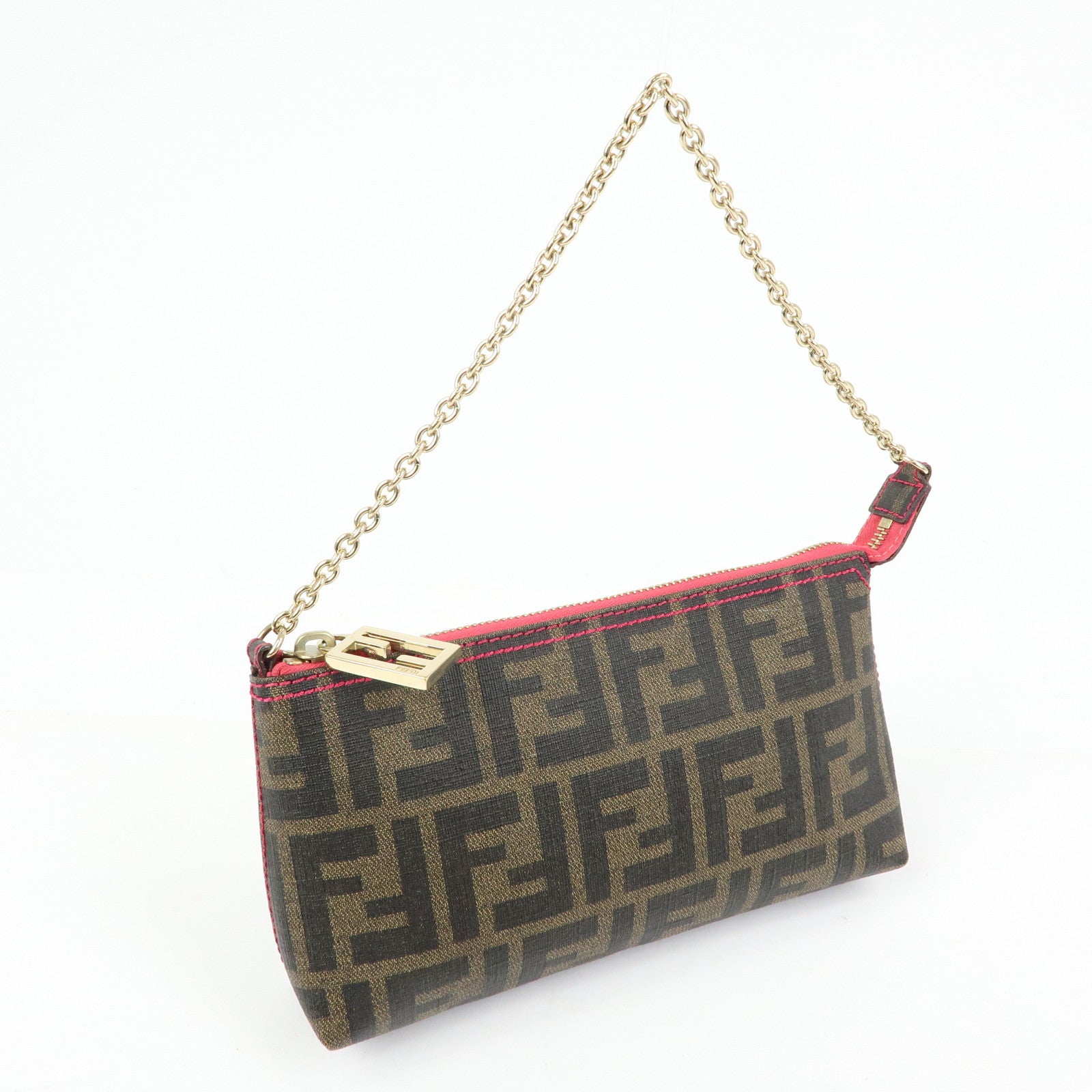 FENDI Zucca Print PVC Canvas Chain Accessory Pouch Brown 8BR592