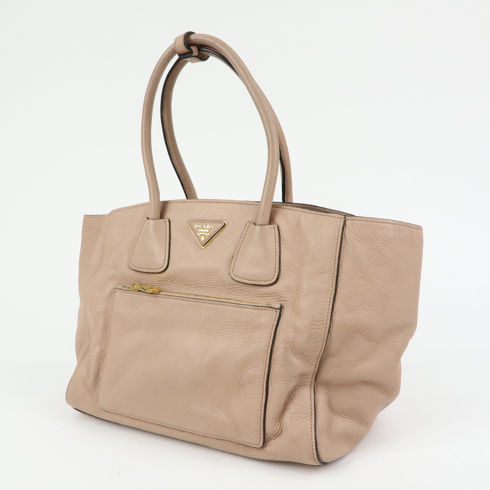 PRADA Triangle Logo Leather Tote Bag Shoulder Bag Pink Beige