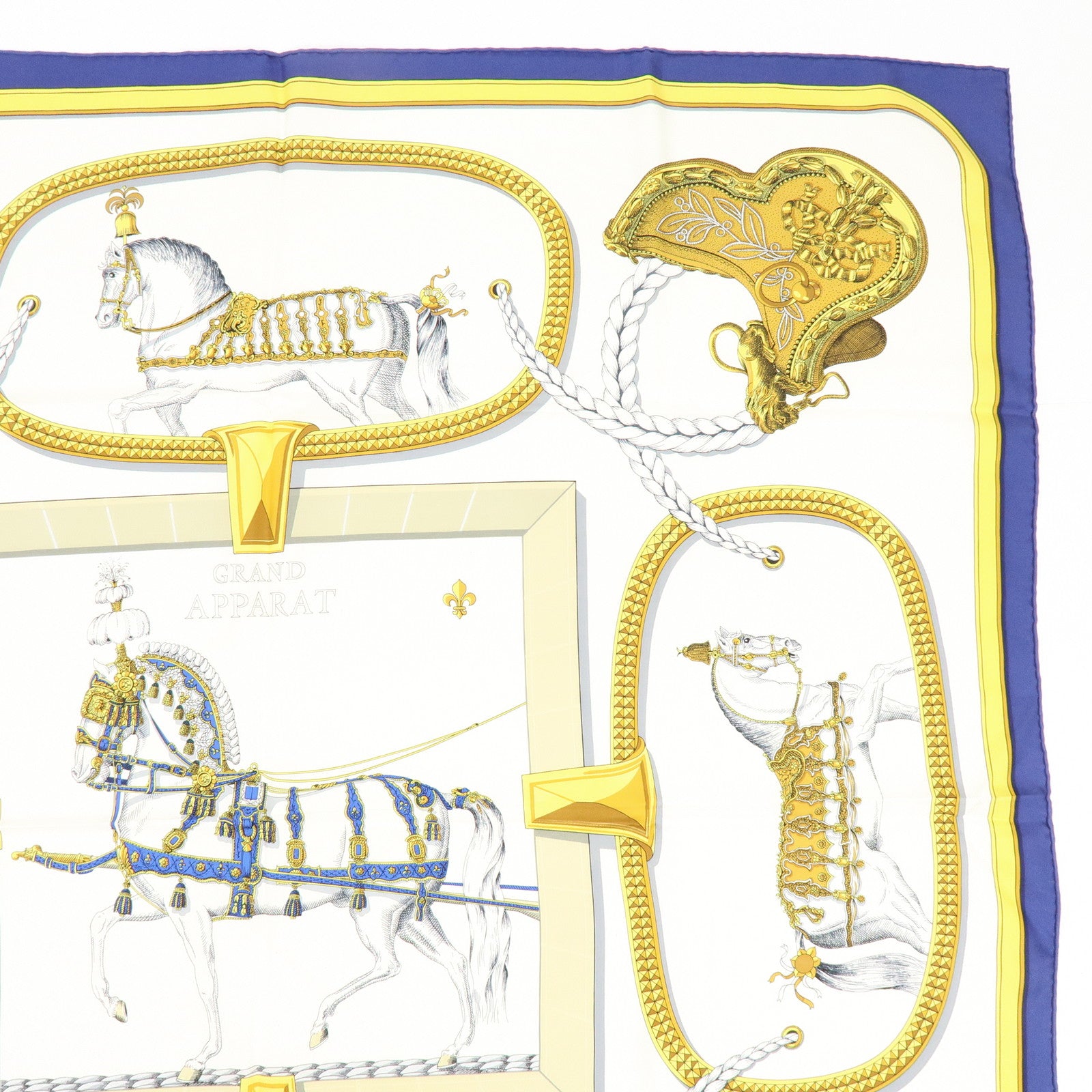 HERMES Carre 90 Silk 100% Scarf GRAND APPARAT Navy White Gold