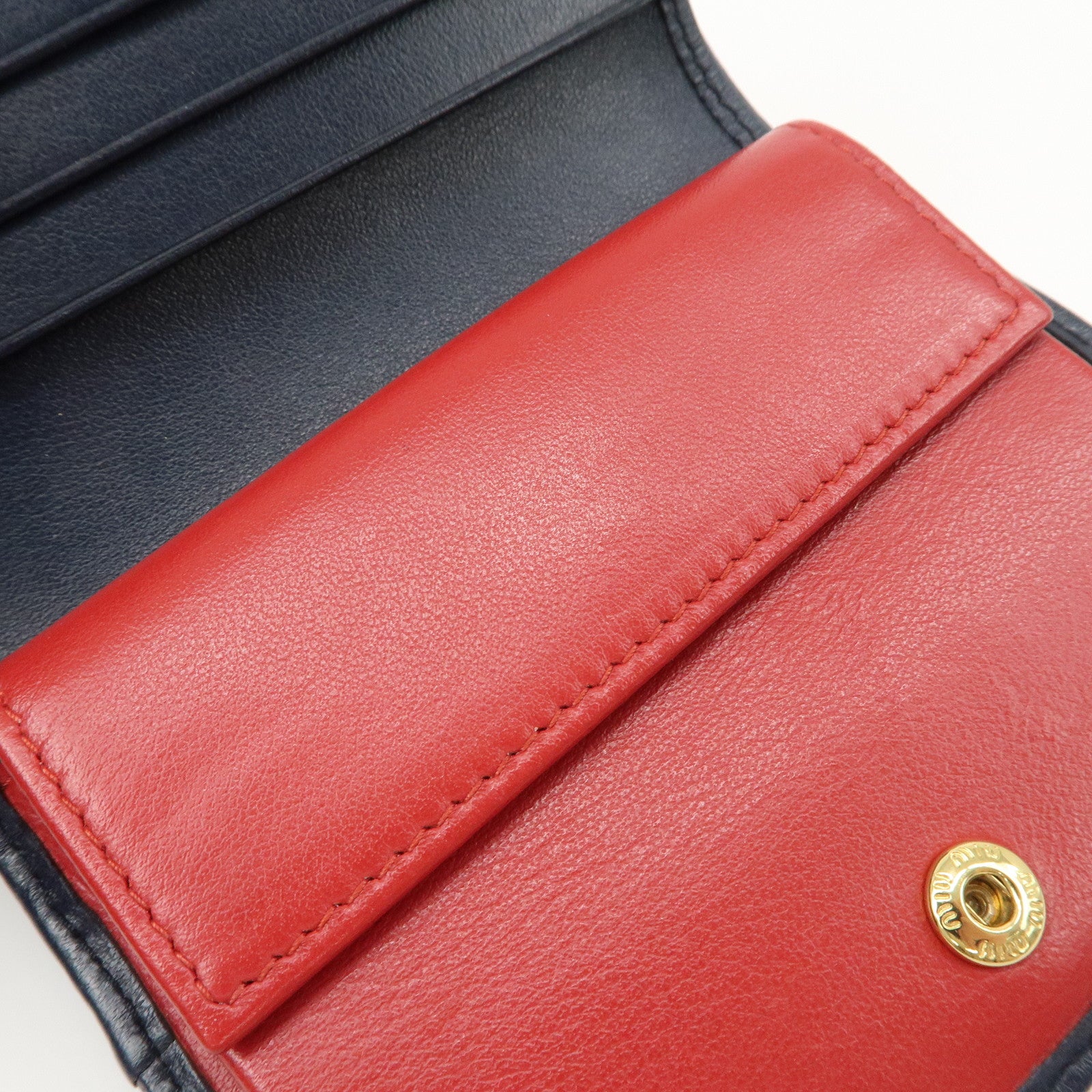 MIU MIU Cherry Denim Leather Bifold Compact Wallet Navy Red Used