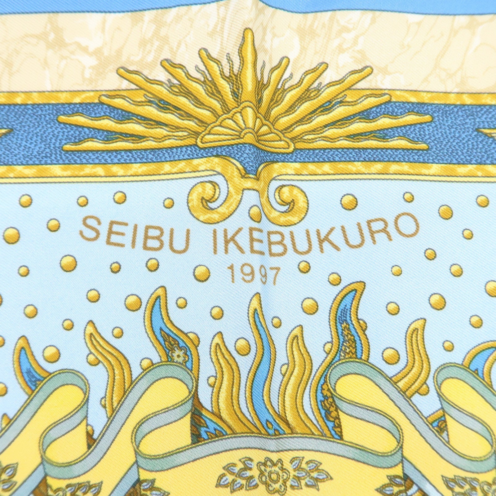 HERMES Petit Carre 40 Silk 100% GLORIA SOL Mini Scarf Beige Blue