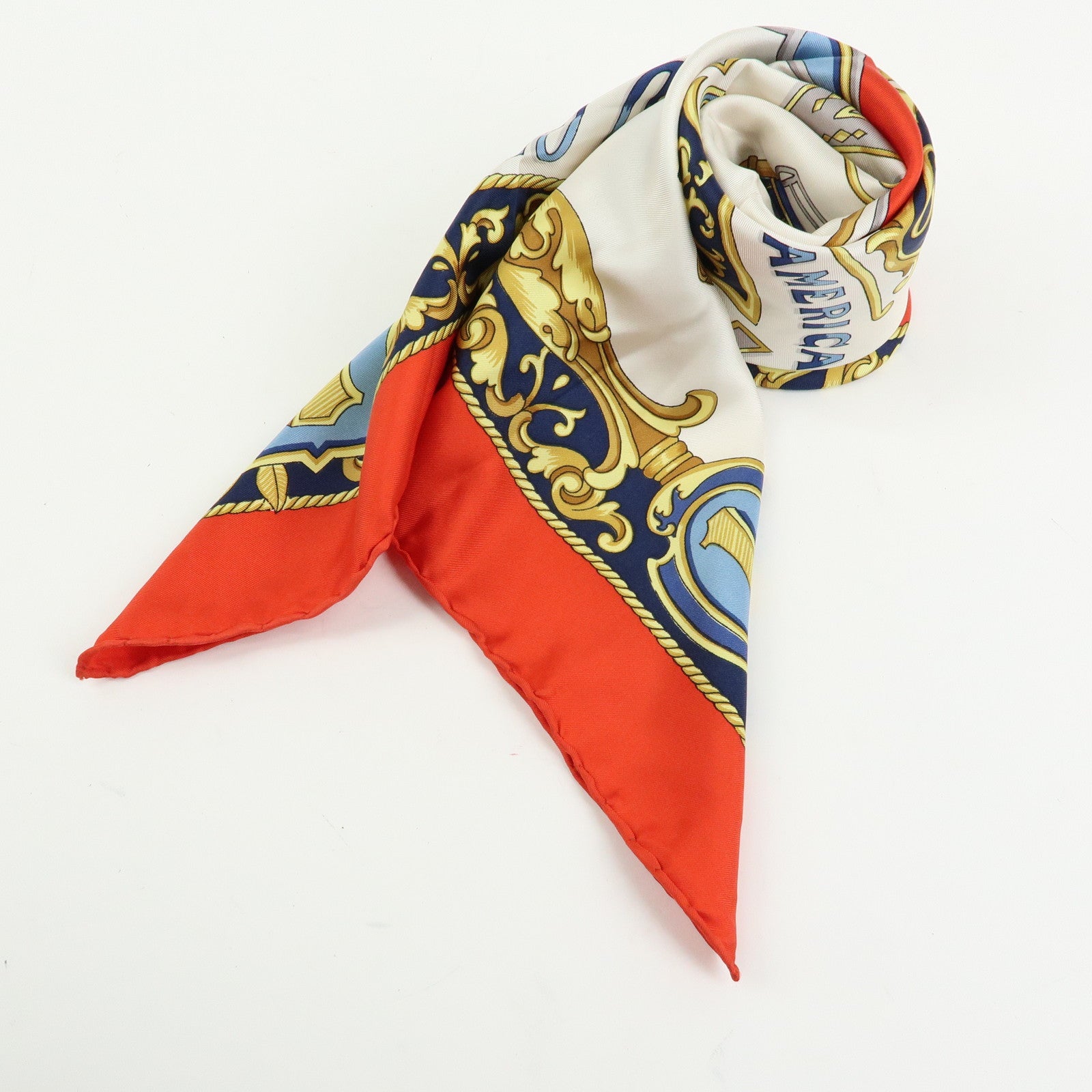 CELINE Silk Baltimore and Ohio Railroad Scarf 85x85 Red White Blue