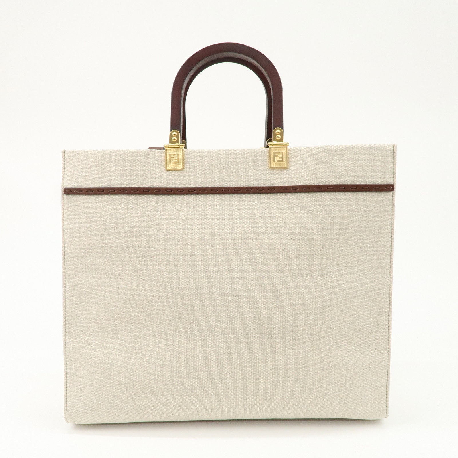 FENDI Leather Canvas Sunshine Medium Tote Bag Natural 8BH386