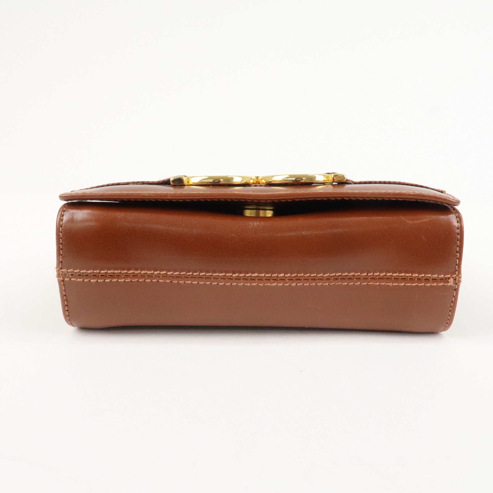 Ferragamo Gancini Leather Chain Shoulder Bag Brown Gold HDW Used