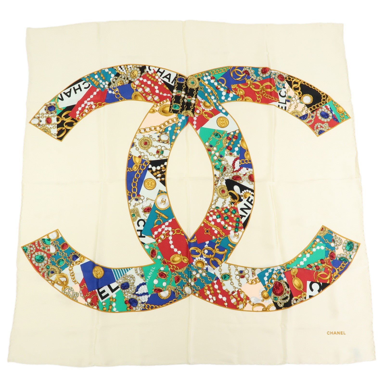 CHANEL COCO Mark Silk 100% Scarf Jewelry Motif Ivory Green
