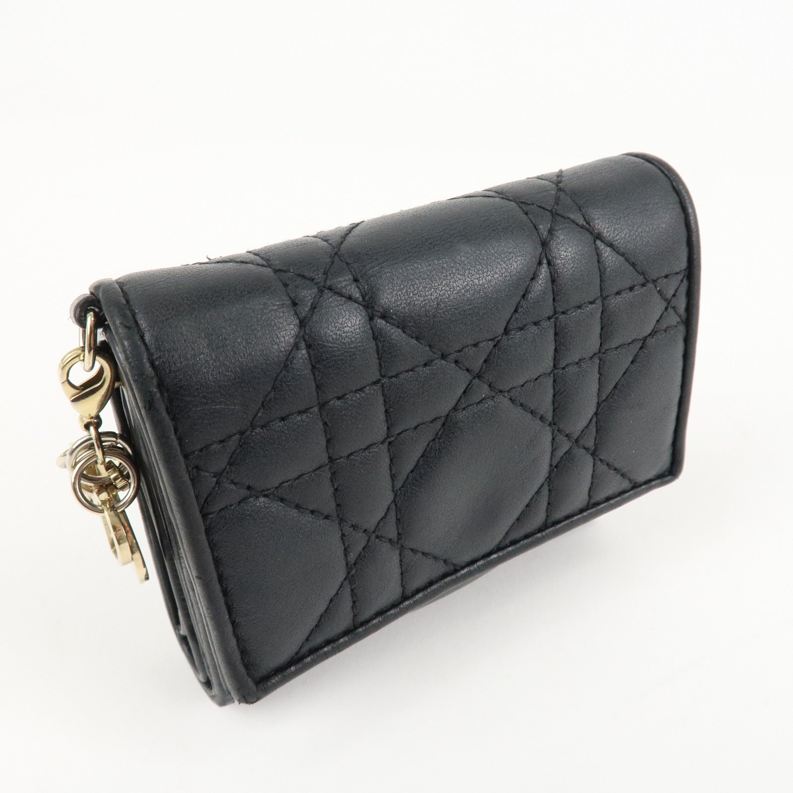 Christian Dior Cannage Leather Tri-fold Wallet Black Used