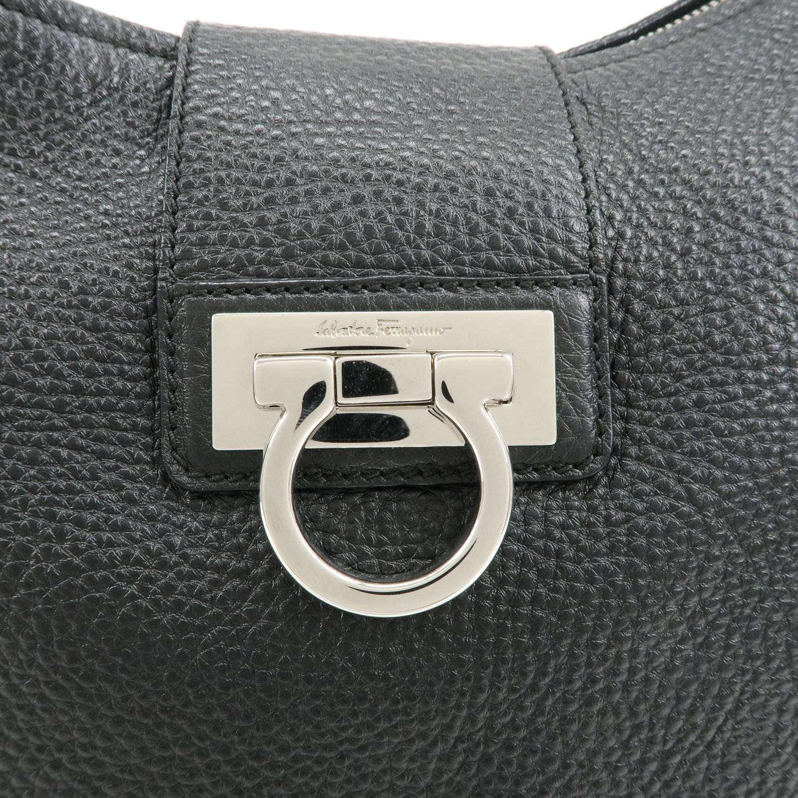 Ferragamo Gancini Leather Shoulder Bag Hand Bag Black Silver HDW