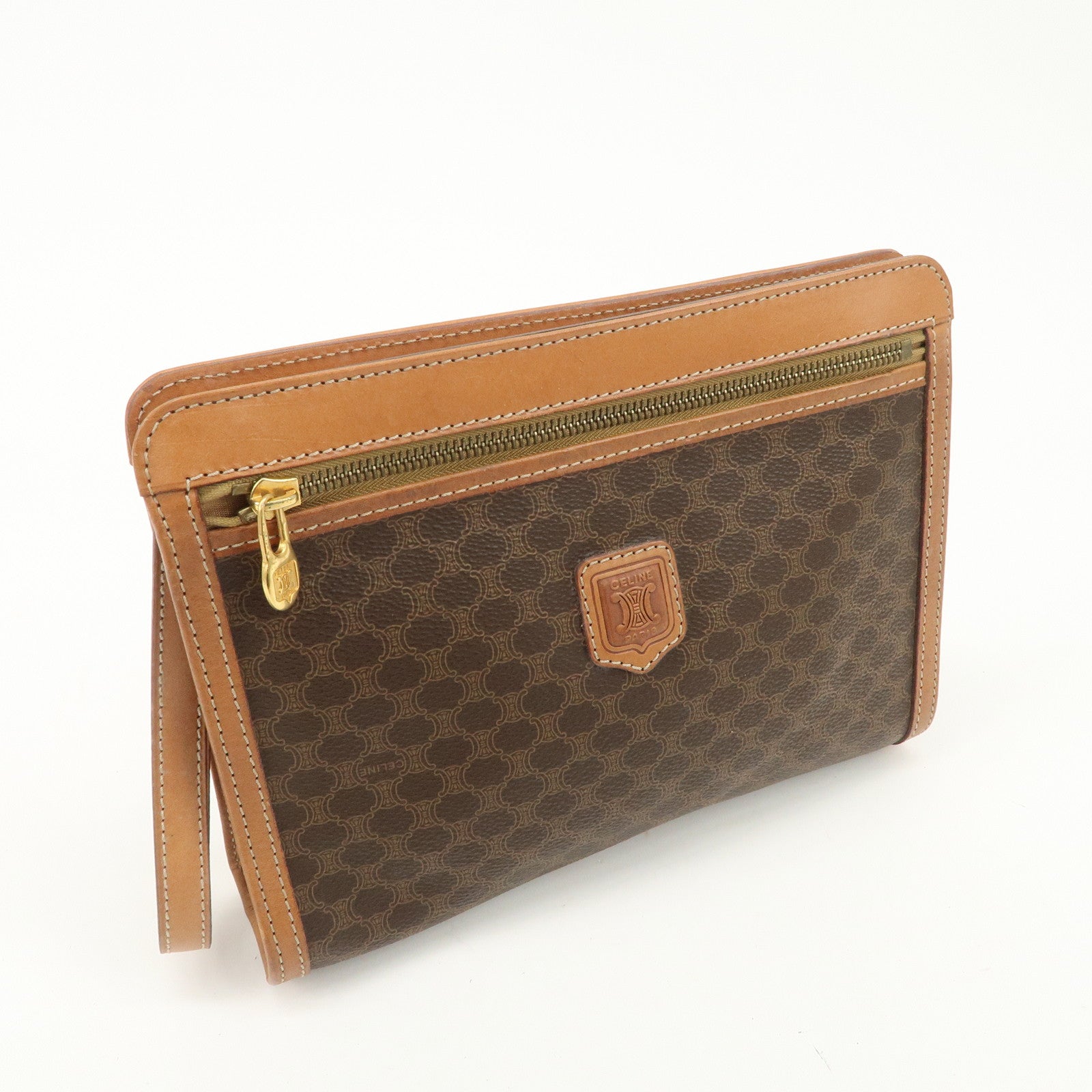 CELINE Macadam PVC Leather Clutch Bag Brown Gold HDW