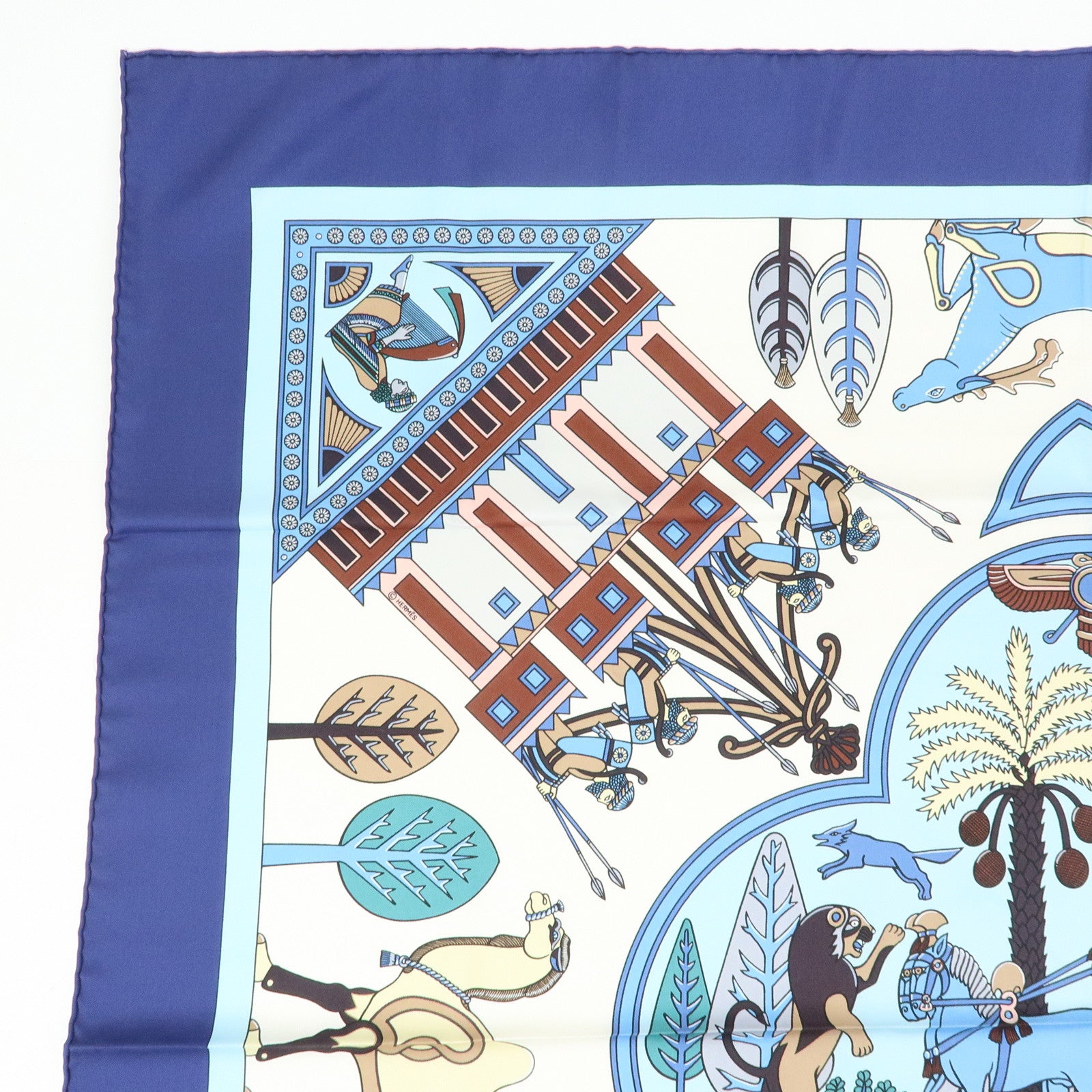 HERMES Carre 90 Silk 100% Scarf PERSEPOLIS Persian Print Brown Blue