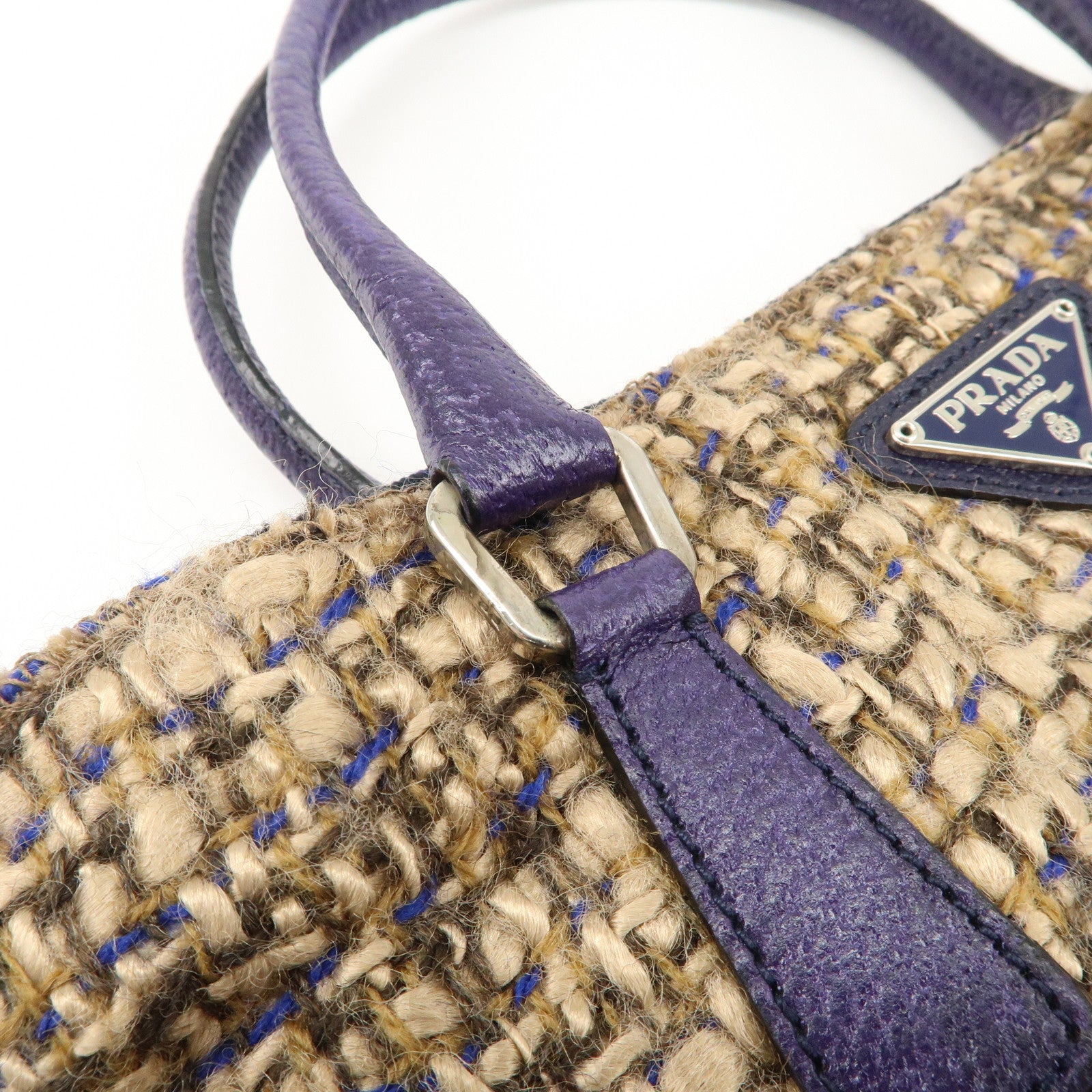 PRADA Triangle Logo Tweed Leather Tote Bag Purple Beige B11261 Used