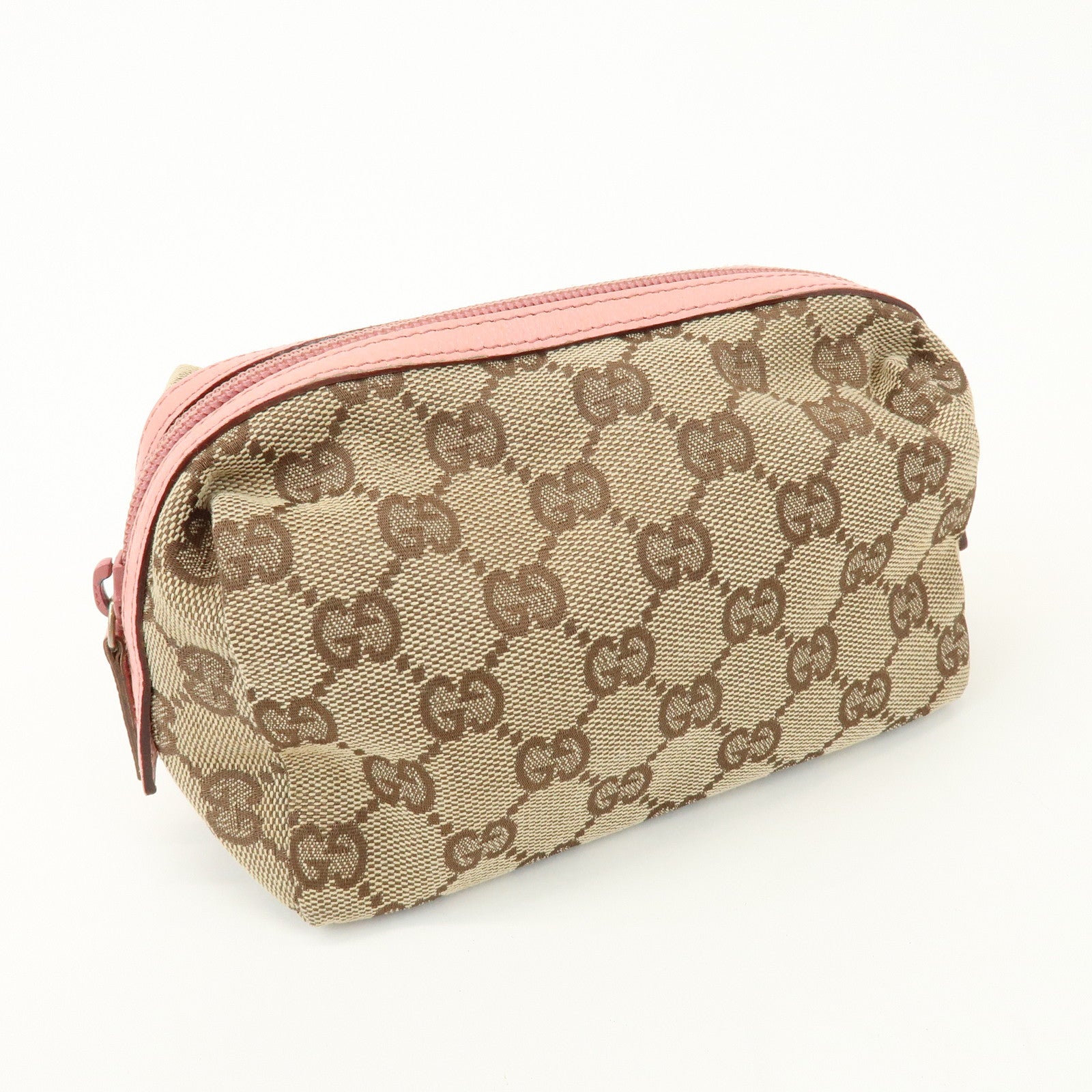 GUCCI GG Monogram Canvas Leather Cosmetic Pouch Beige Pink 29595