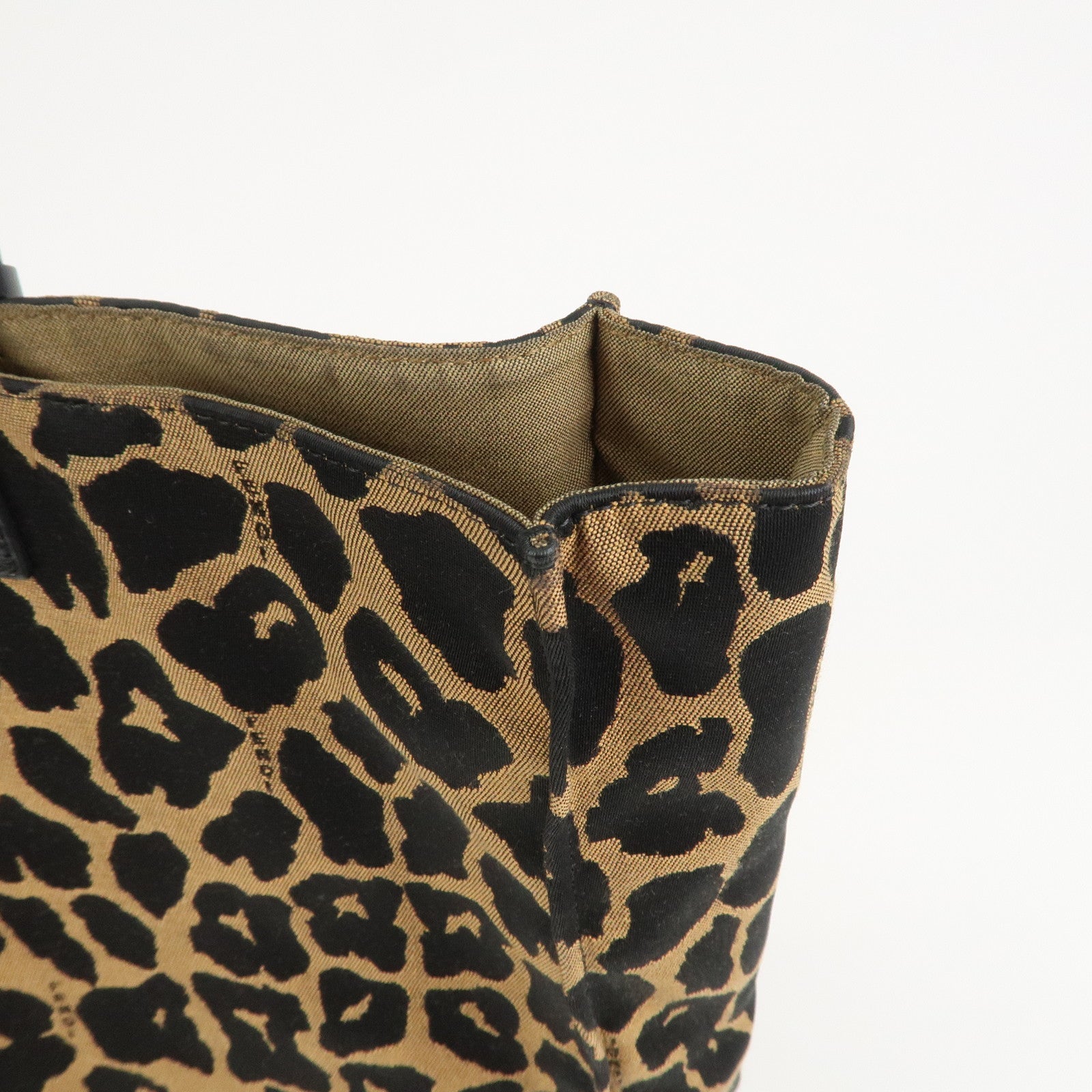 FENDI Leopard Canvas Leather Tote Bag Hand Bag Brown Black 8BH173