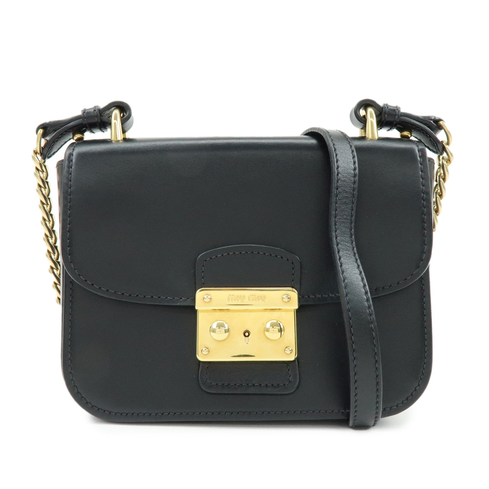 MIU MIU Logo Soft Calf Leather Chain Shoulder Bag Black 5BD147